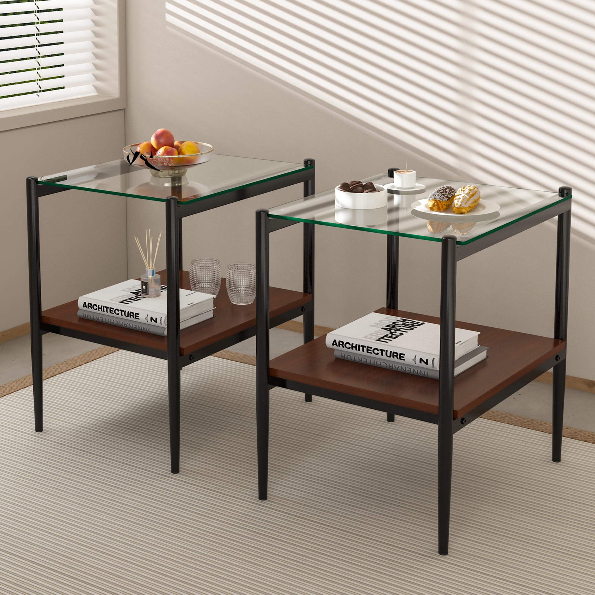 MAYEERTY Set of 2 Rectangle End Tables with Transparent Tempered Glass & MDF Layer
