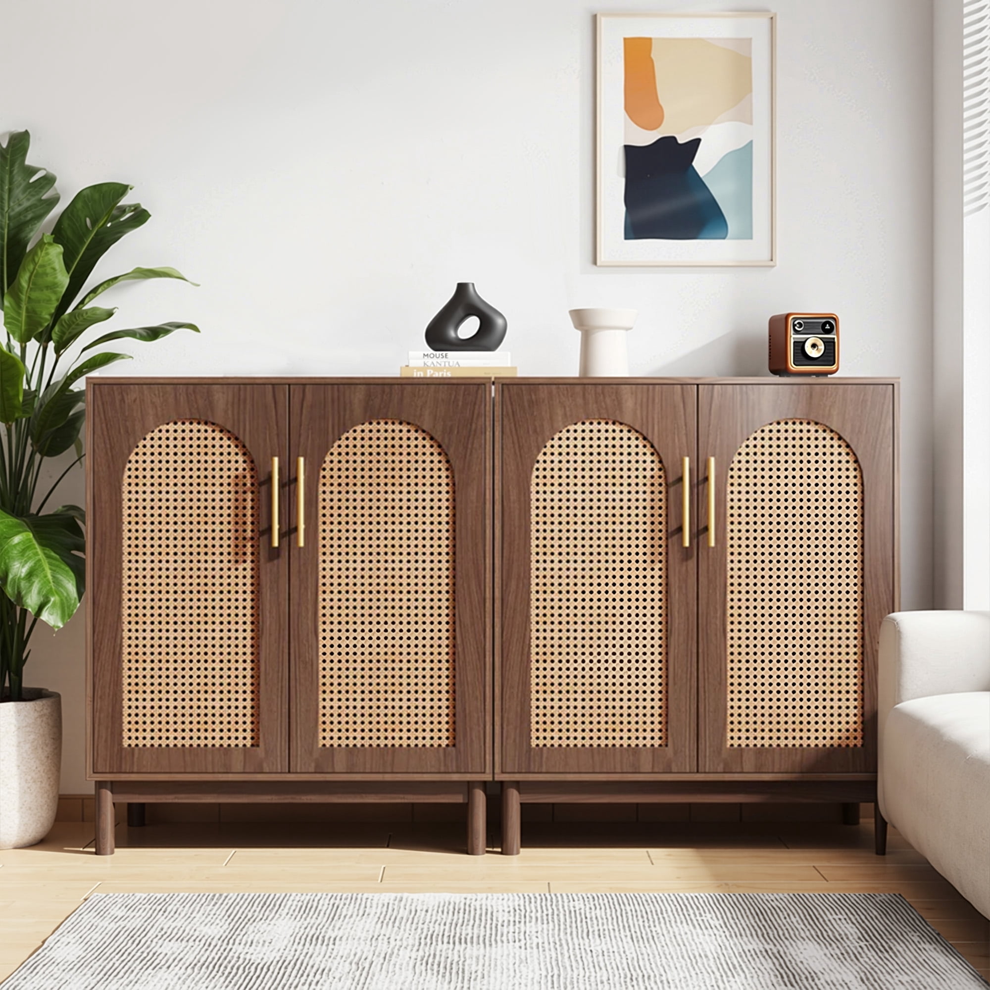 MAYEERTY Set of 2 Rattan Sideboard Buffet Cabinet, Handmade Natural Rattan Door Storage Credenza, MDF Wood Coffee Bar TV Console for Dining Living Room