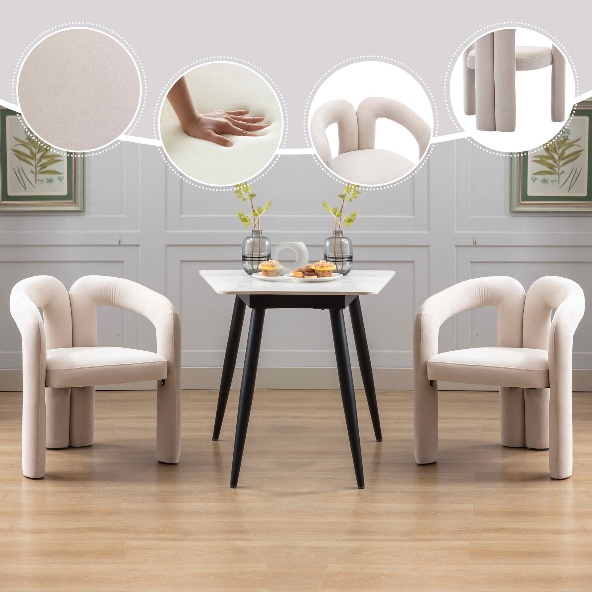 MAYEERTY Set of 2 Velvet Dining Chairs, Curved Back Side Chairs, Wood Legs, 250 lb Capacity, Beige