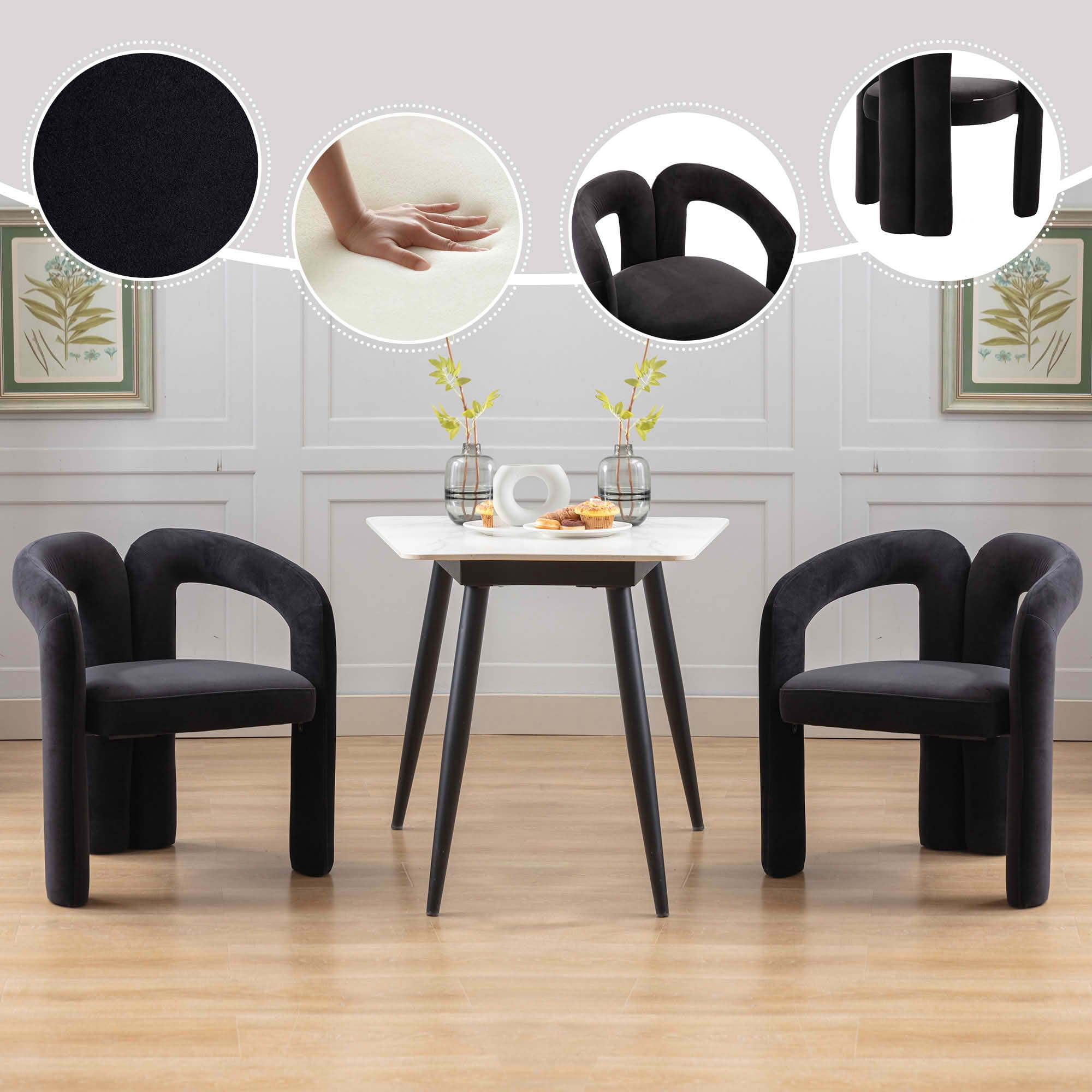 MAYEERTY Set of 2 Velvet Dining Chairs, Curved Back Side Chairs, Wood Legs, 250 lb Capacity, Black