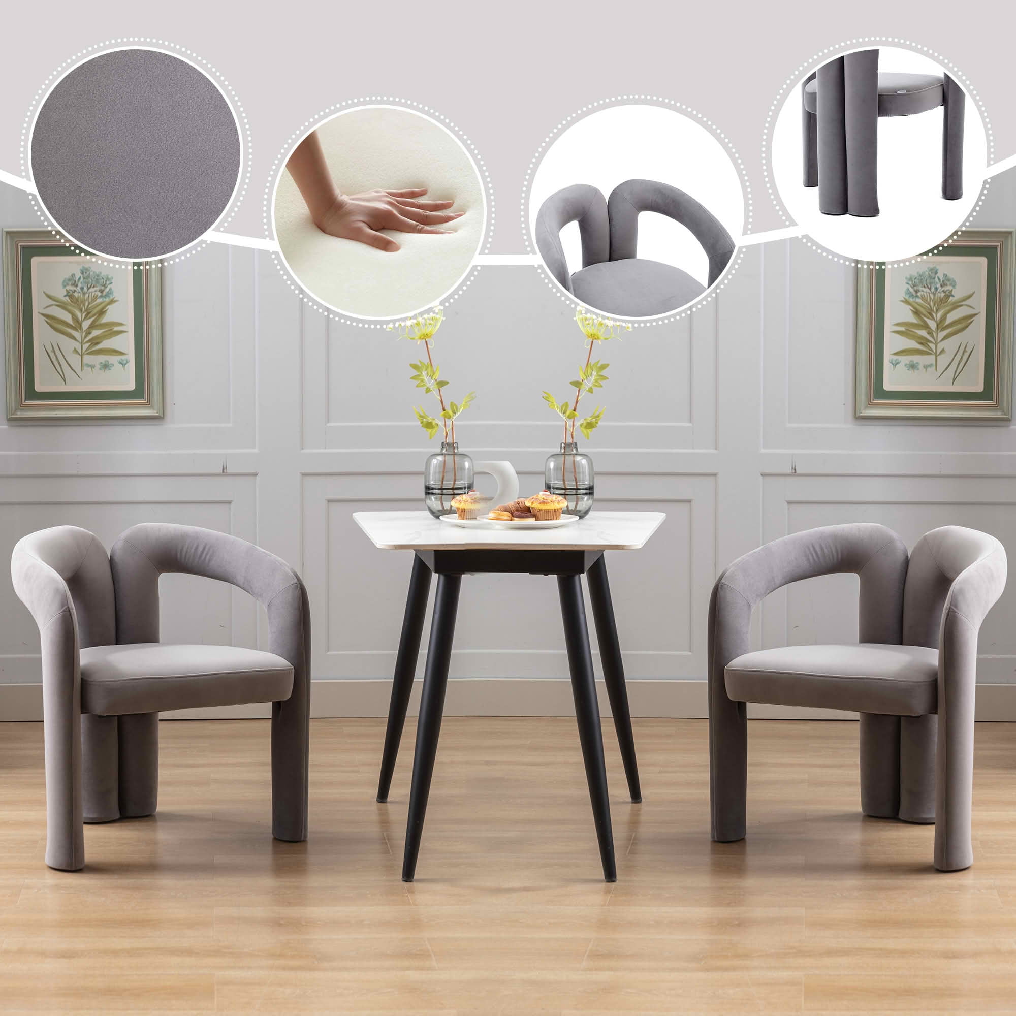MAYEERTY Set of 2 Velvet Dining Chairs, Curved Back Side Chairs, Wood Legs, 250 lb Capacity, Gray