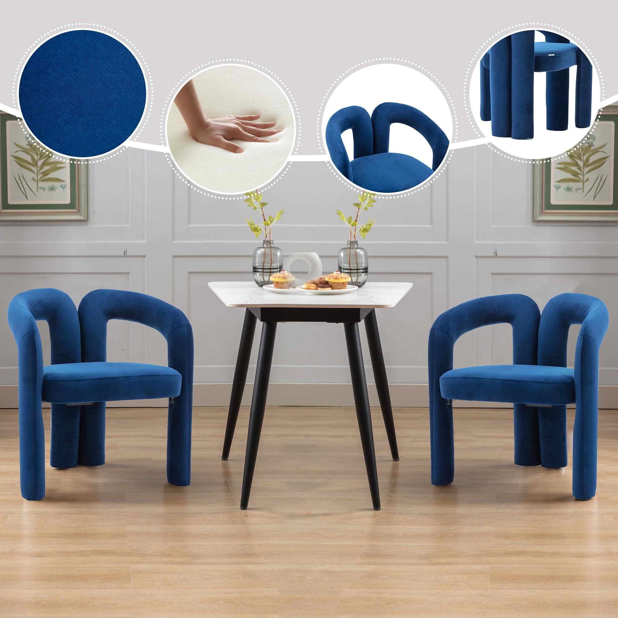MAYEERTY Set of 2 Velvet Dining Chairs, Curved Back Side Chairs, Wood Legs, 250 lb Capacity, Navy