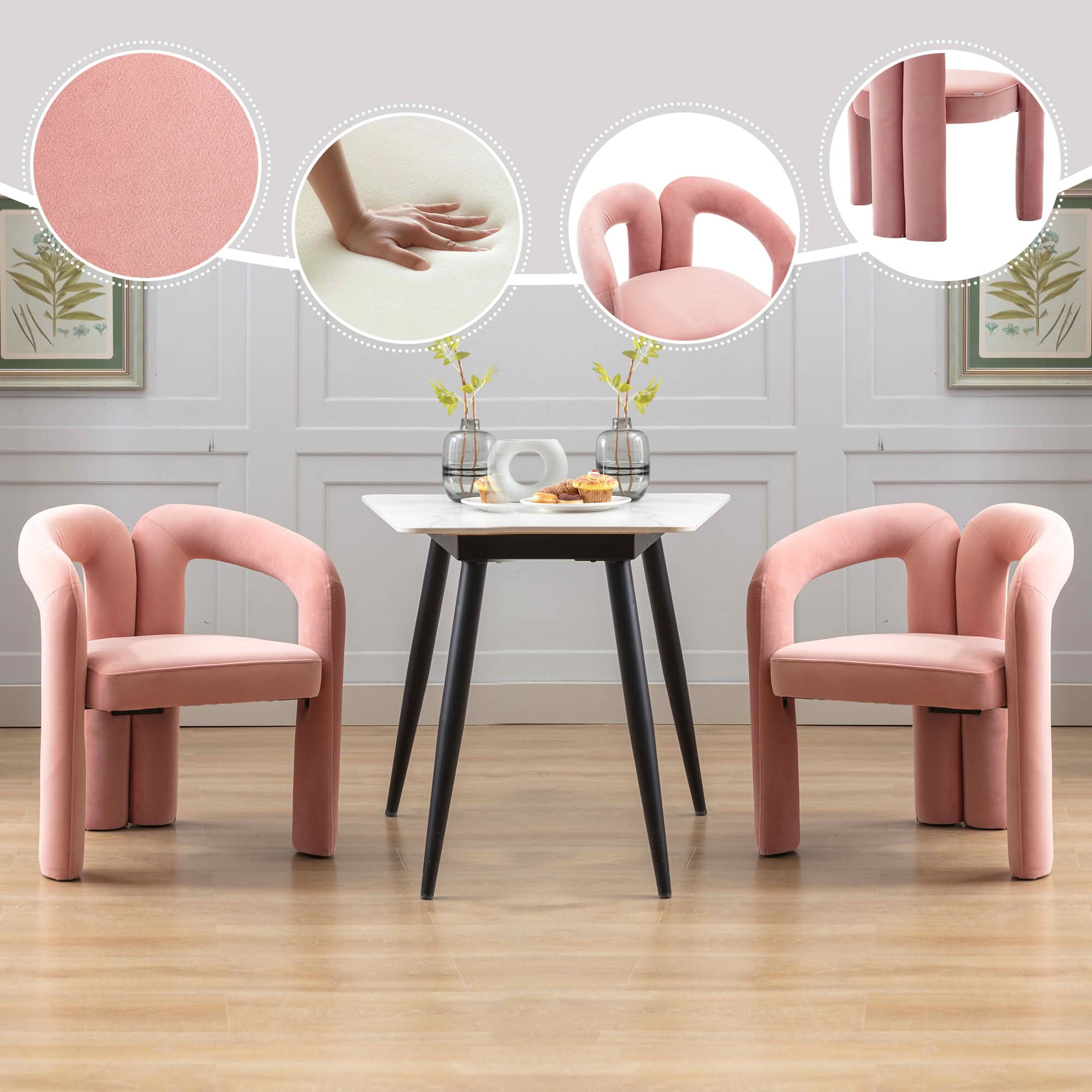 MAYEERTY Set of 2 Velvet Dining Chairs, Curved Back Side Chairs, Wood Legs, 250 lb Capacity, Pink