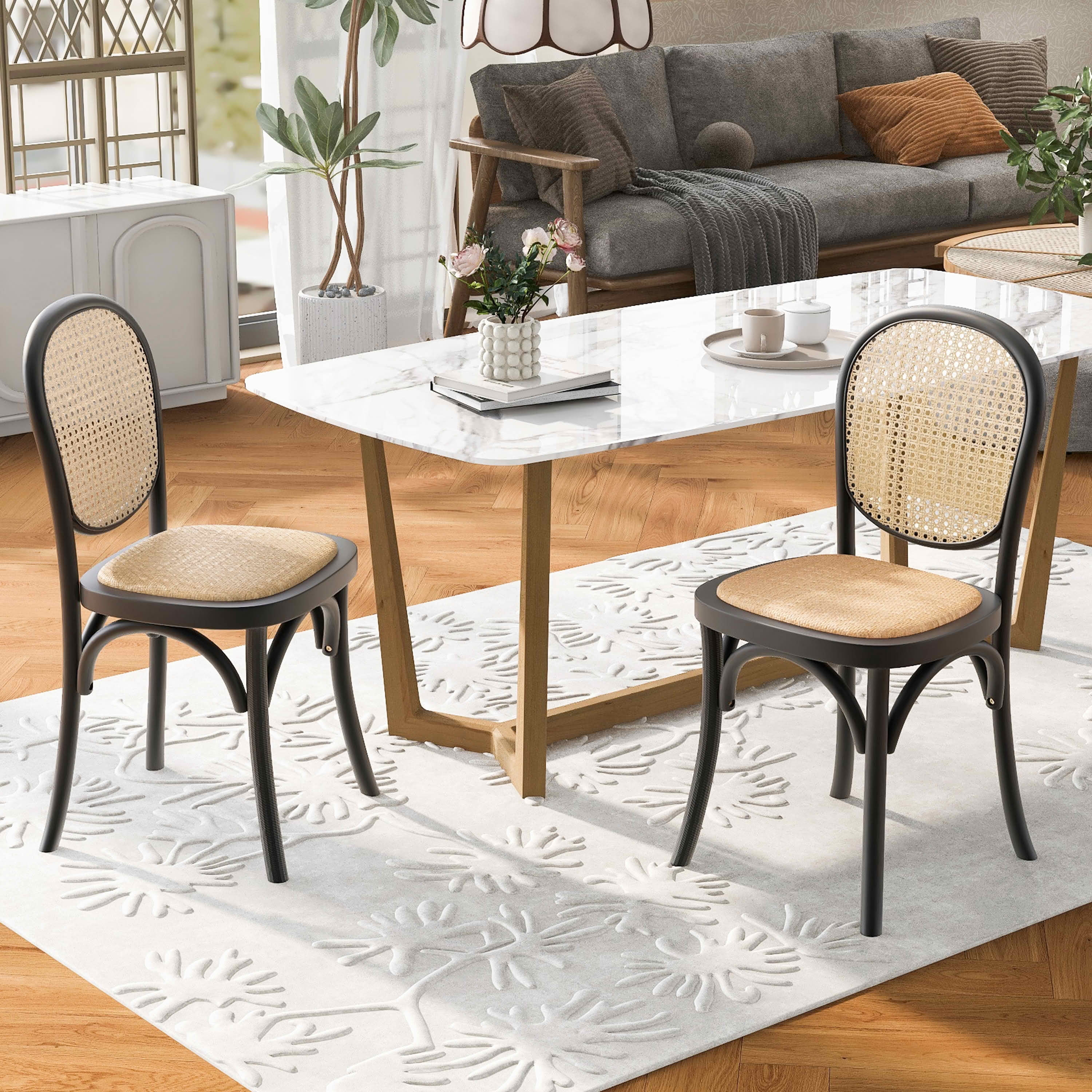 MAYEERTY Set of 2 Vintage Rattan Dining Chairs with Birch Wood Frame, No Assembly Needed