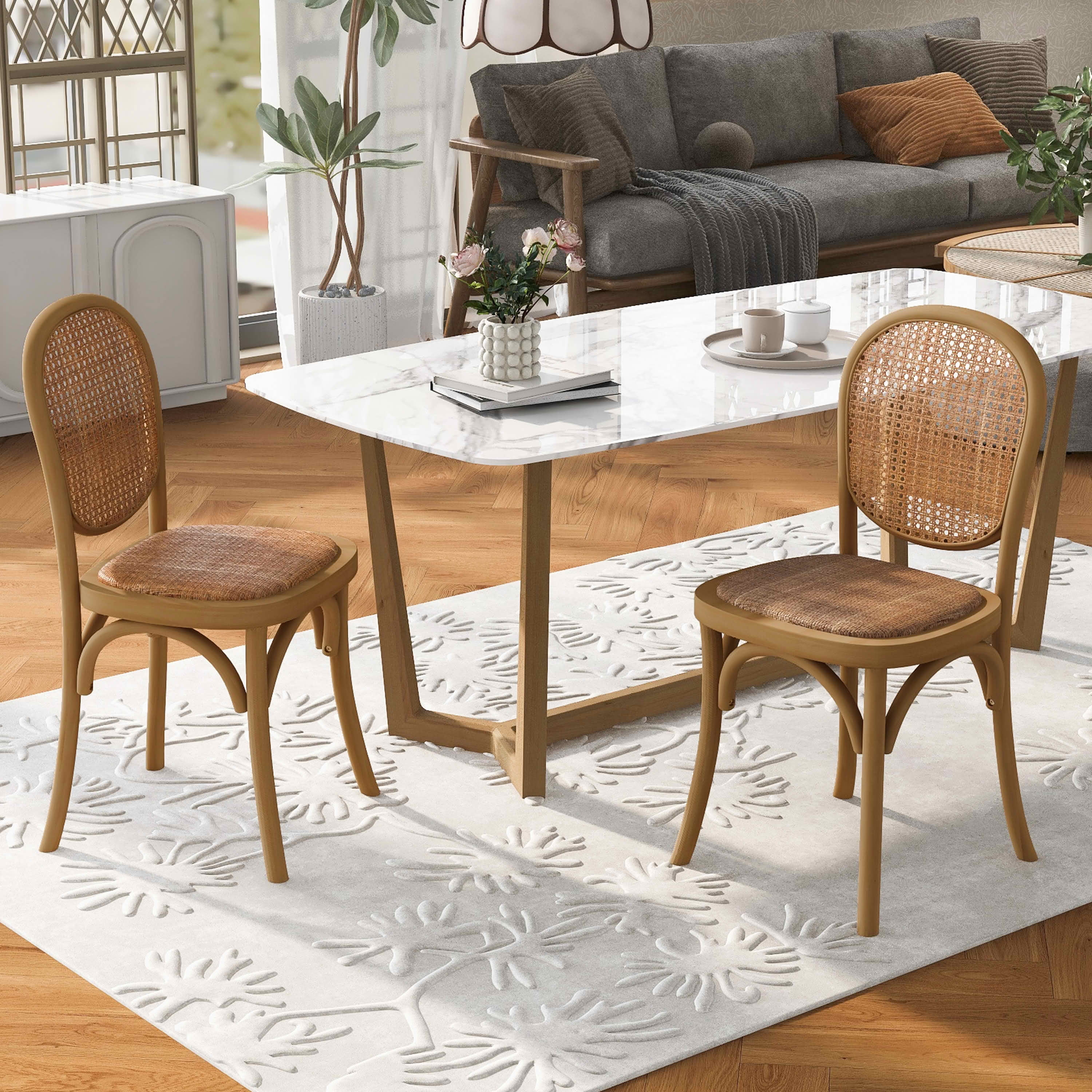 MAYEERTY Set of 2 Vintage Rattan Dining Chairs with Birch Wood Frame, No Assembly Needed