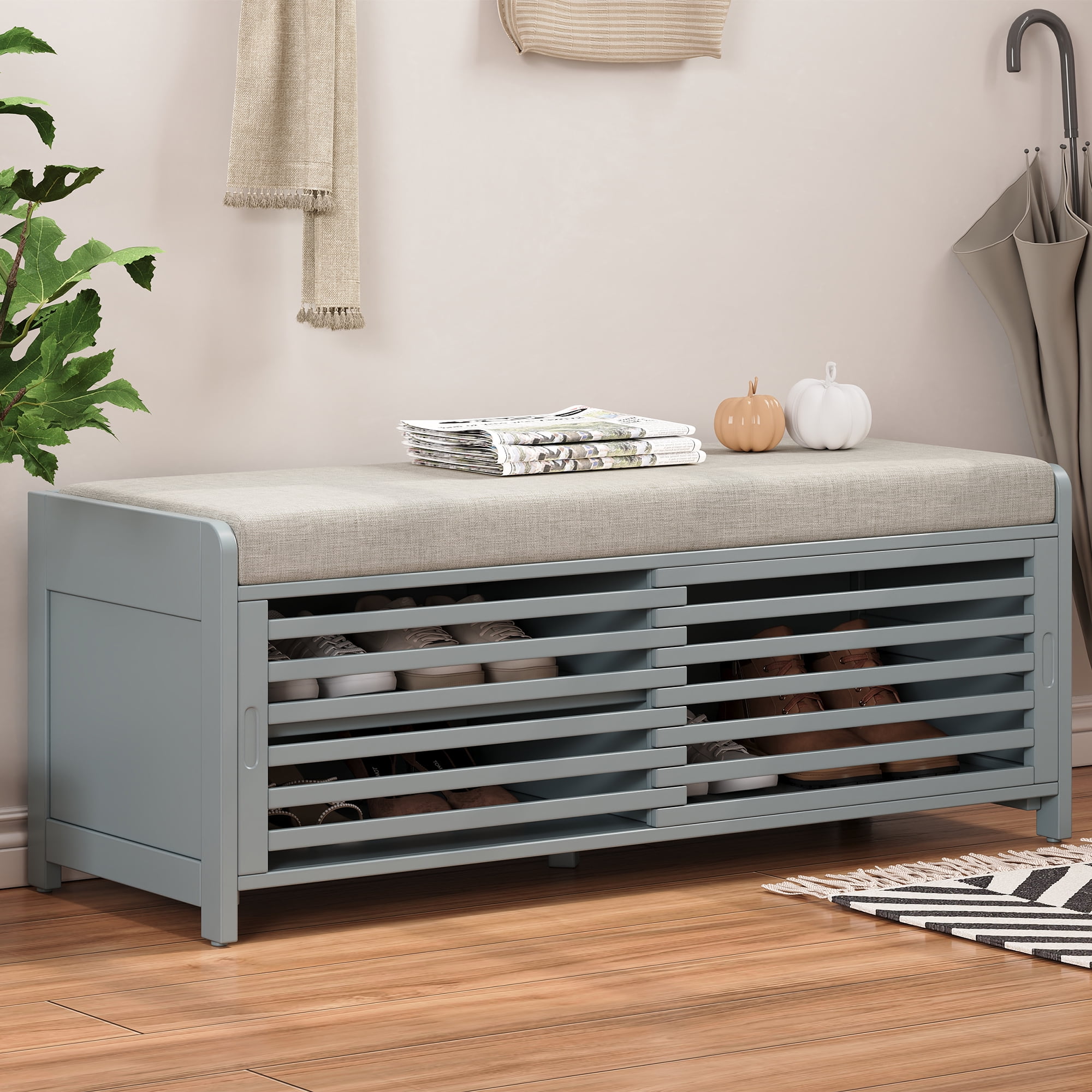 MAYEERTY Shoe Bench with Storage and Cushion, Distressed Shutter Storage Bench with Retro Charm for Living Room, Entryway, Grey