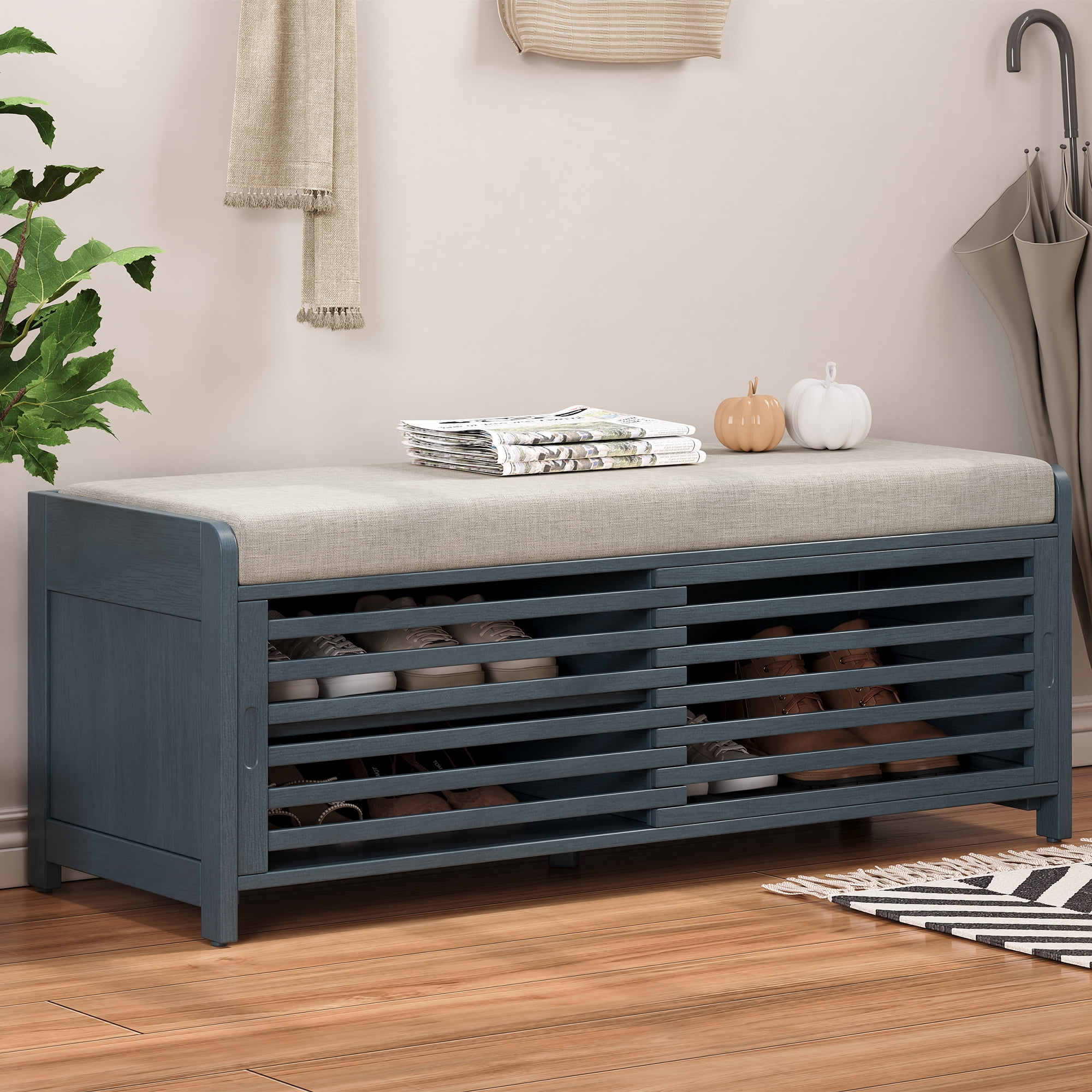 MAYEERTY Shoe Bench with Storage and Cushion, Distressed Shutter Storage Bench with Retro Charm for Living Room, Entryway, Navy
