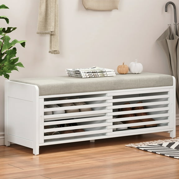 MAYEERTY Shoe Bench with Storage and Cushion, Distressed Shutter Storage Bench with Retro Charm for Living Room, Entryway, White