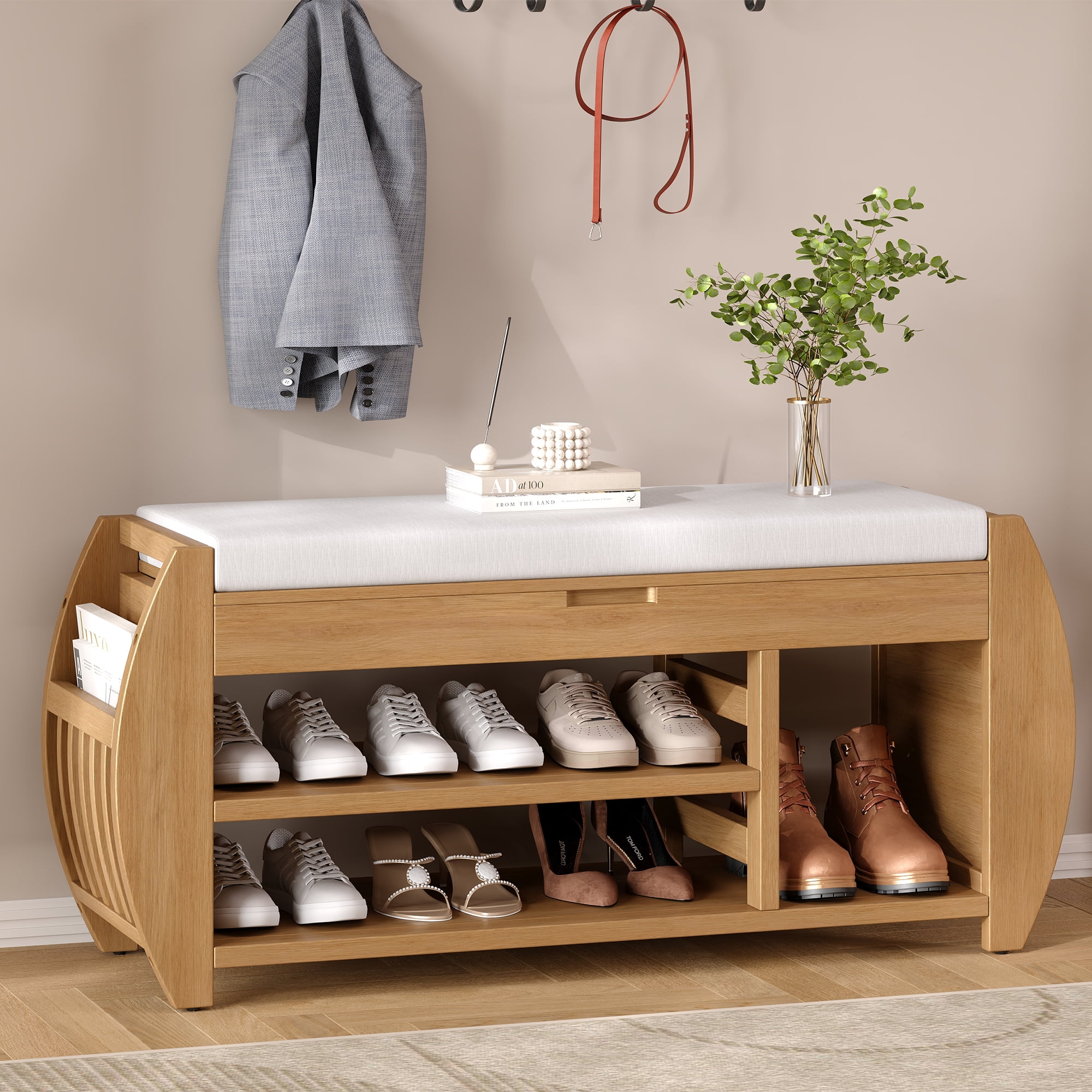 MAYEERTY Shoe Storage Bench with Cushion and Curved Side, Retro Multifunctional Panel for Entryway, Natural