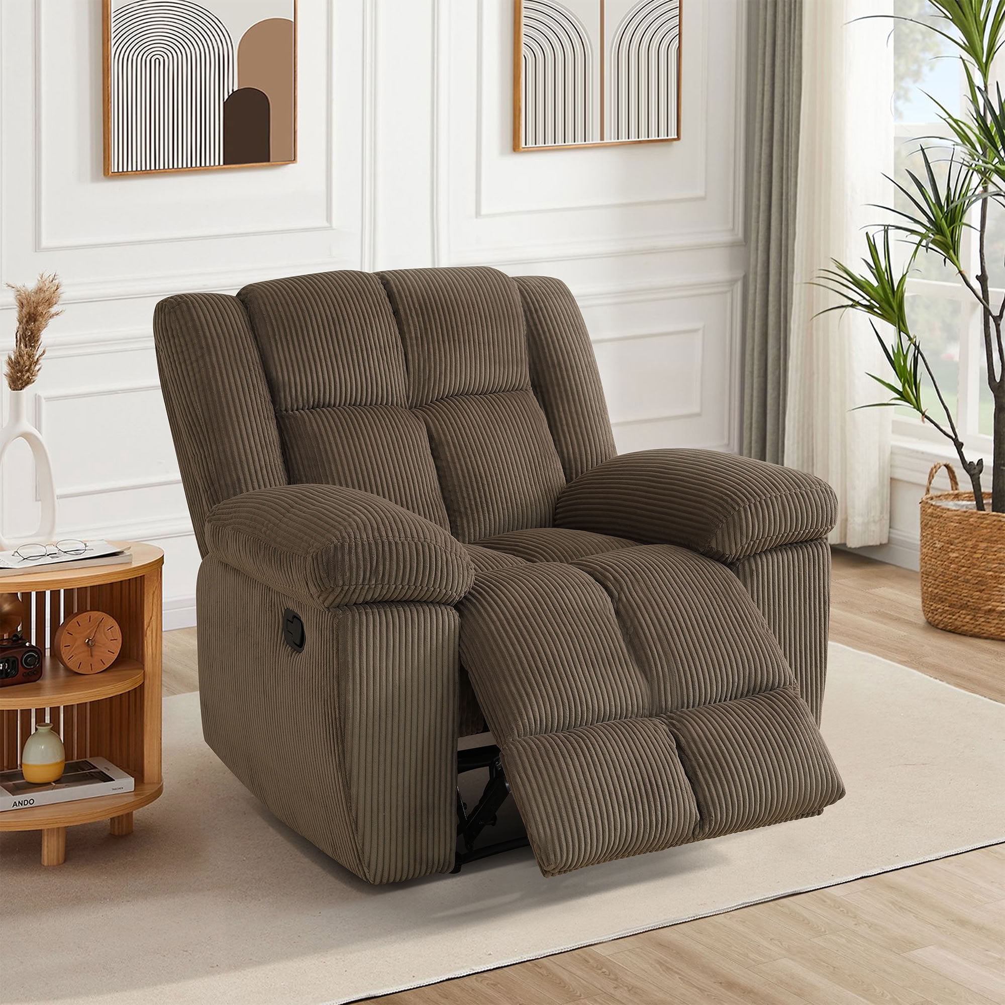 MAYEERTY Single Manual Recliner Chair, Brown Stripe Fabric Reclining Chair for Living Room, Bedroom & Small Spaces