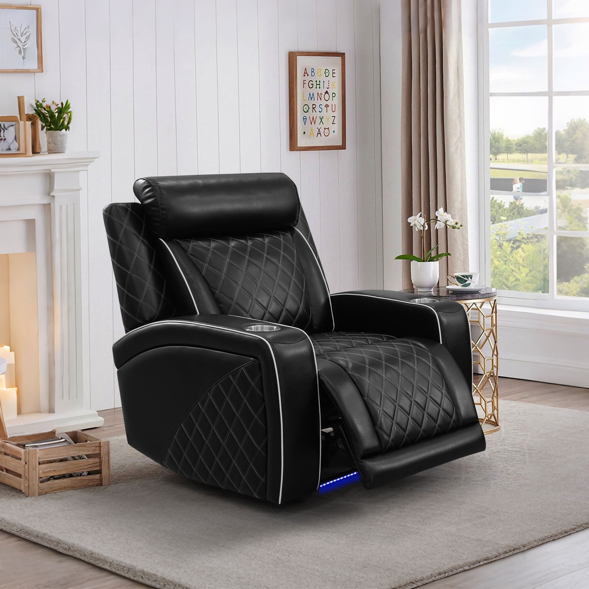 MAYEERTY Single Recliner Chair, Leather Recliner with LED Lights, USB Charger, Cup Holder & Reading Light, for Living Room, Home Theater