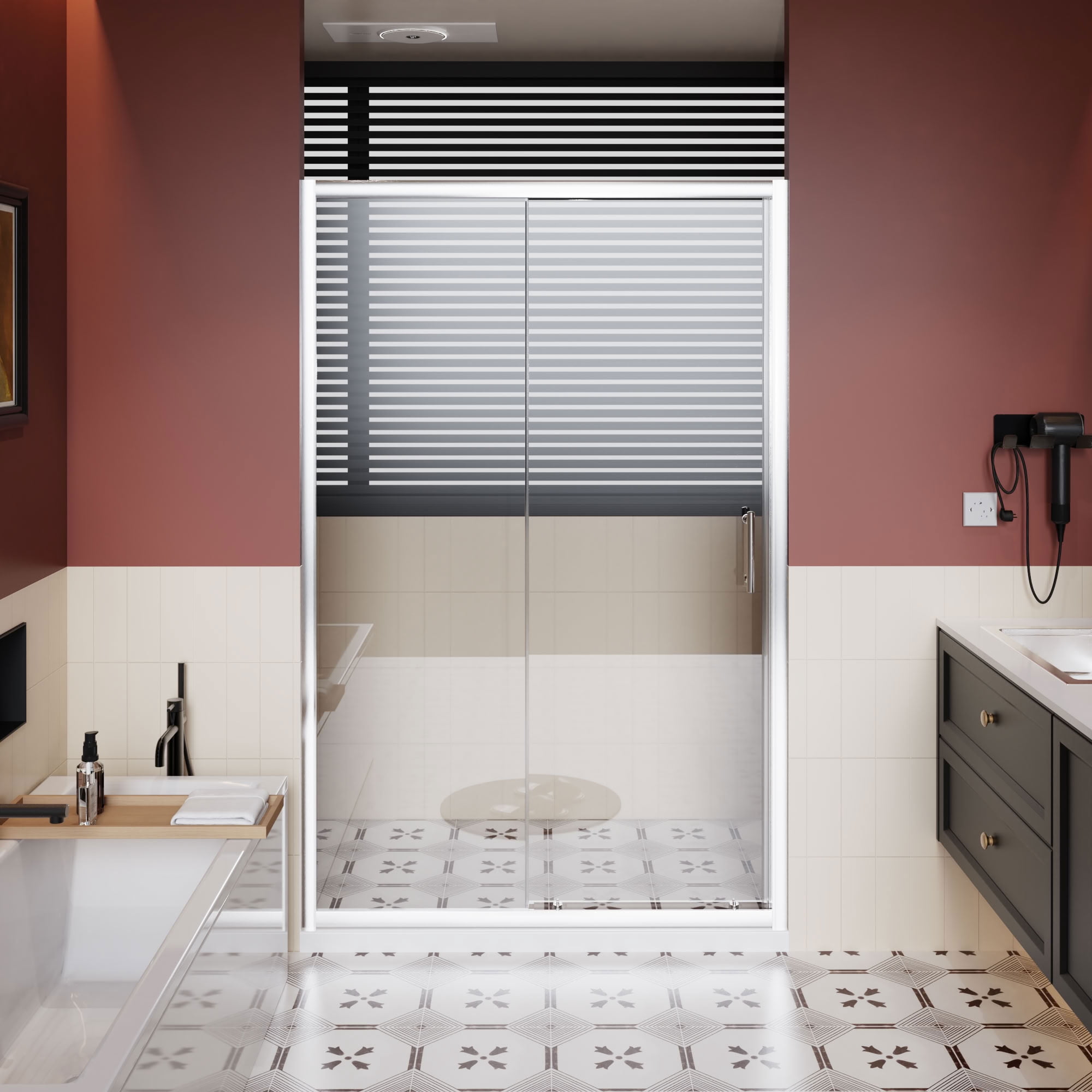 MAYEERTY Single Sliding Shower Door, 1/5" Tempered Glass with Stainless Steel Handle, Waterproof & Reversible Installation