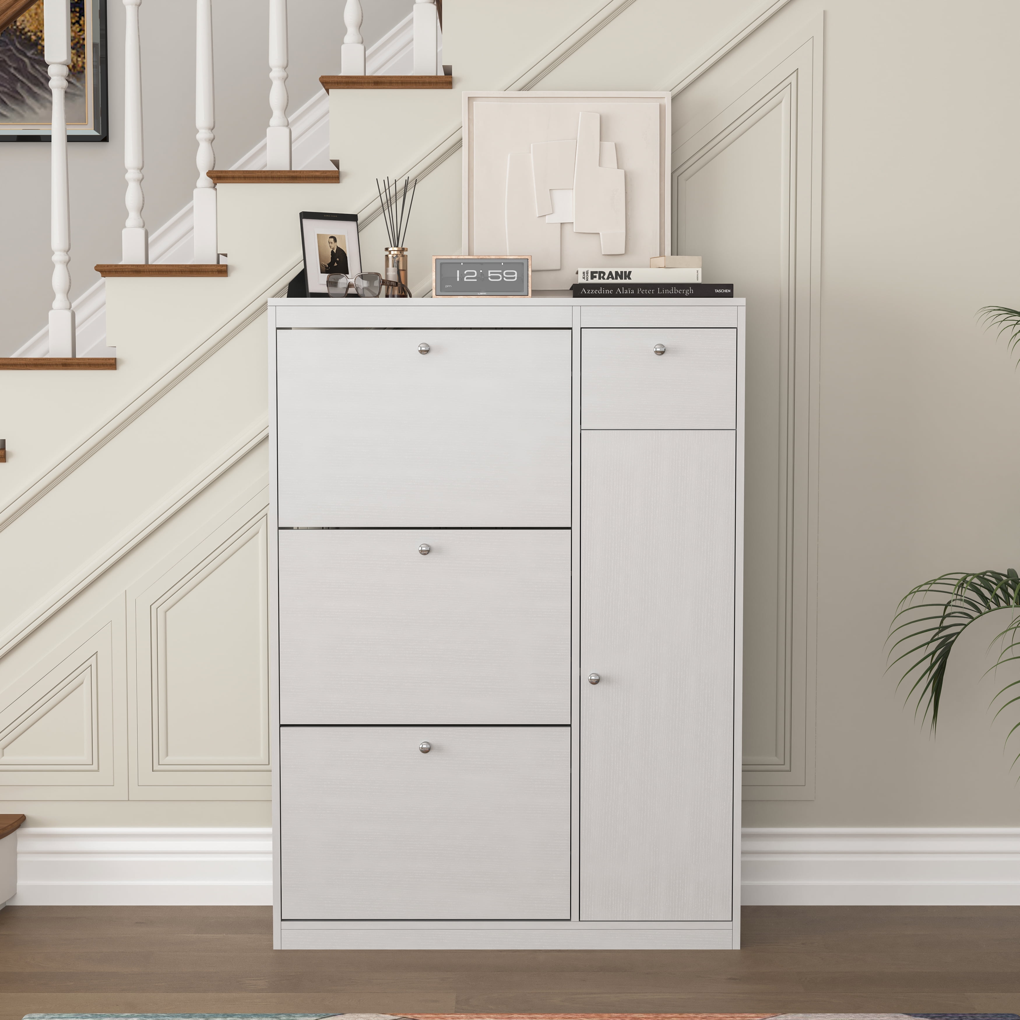 MAYEERTY Slim Shoe Cabinet, 3 Flip Drawers, Adjustable Storage, Narrow Entryway Shoe Rack, White