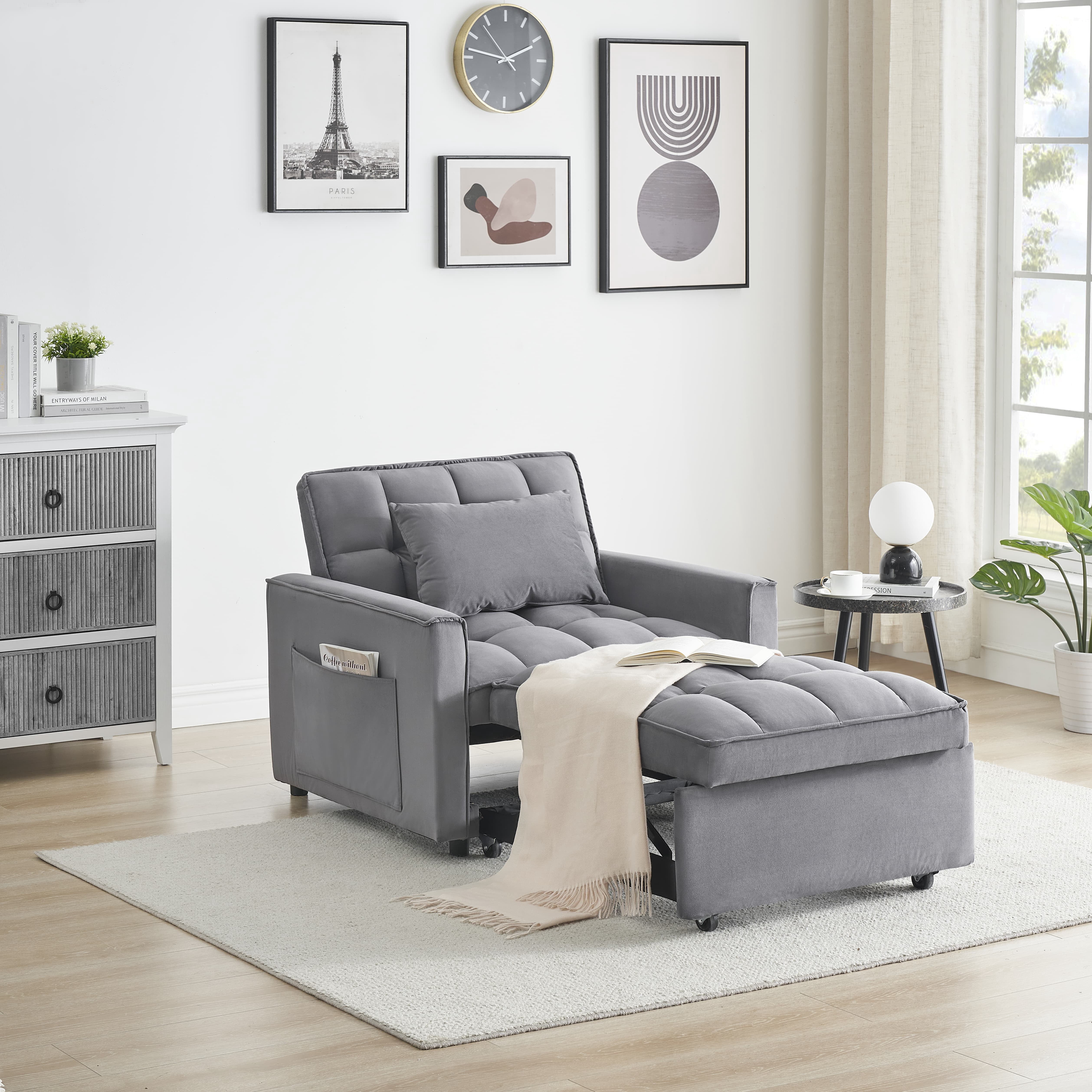 MAYEERTY 3 In 1 Convertible Sofa Bed, 25" Velvet Single Sofa with Adjustable Black, Suitable For Small Spaces, Dark Gray