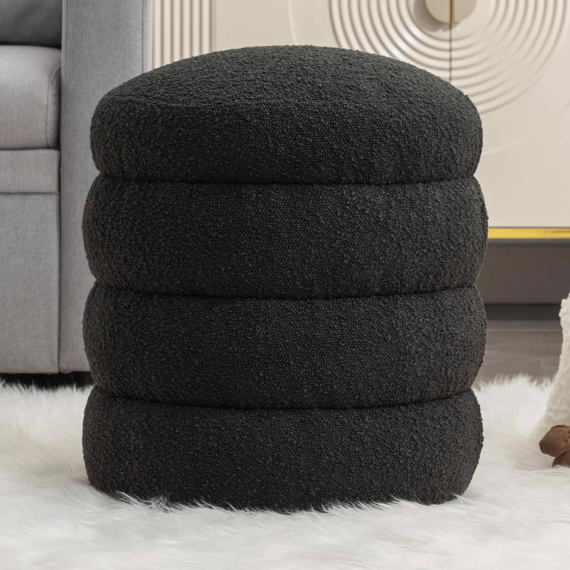 MAYEERTY Soft Boucle Round Ottoman Footrest Stool, Black