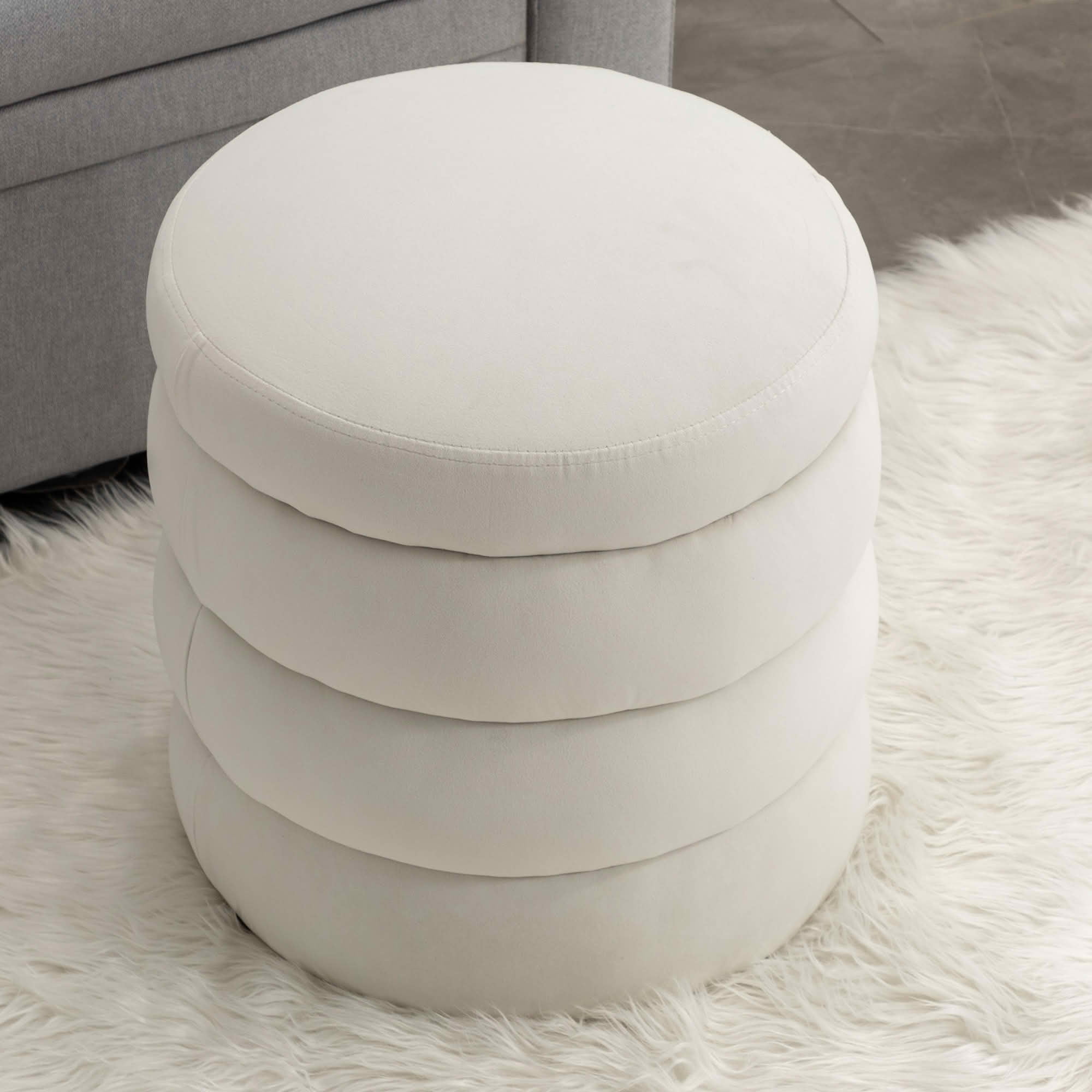MAYEERTY Soft Velvet Round Ottoman Footrest Stool, Ivory