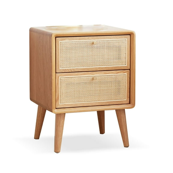 MAYEERTY Solid Oak Bedside Cabinet – Modern Nightstand with Rattan Woven Surface, Eco-Friendly Finish