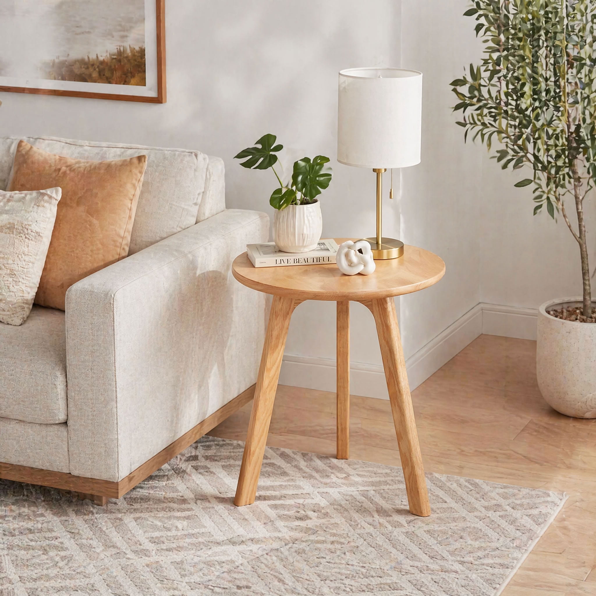 MAYEERTY Solid Oak Wood Round End Table, Mid-Century Modern Small for Apartment Living Room Bedroom Balcony Small Spaces