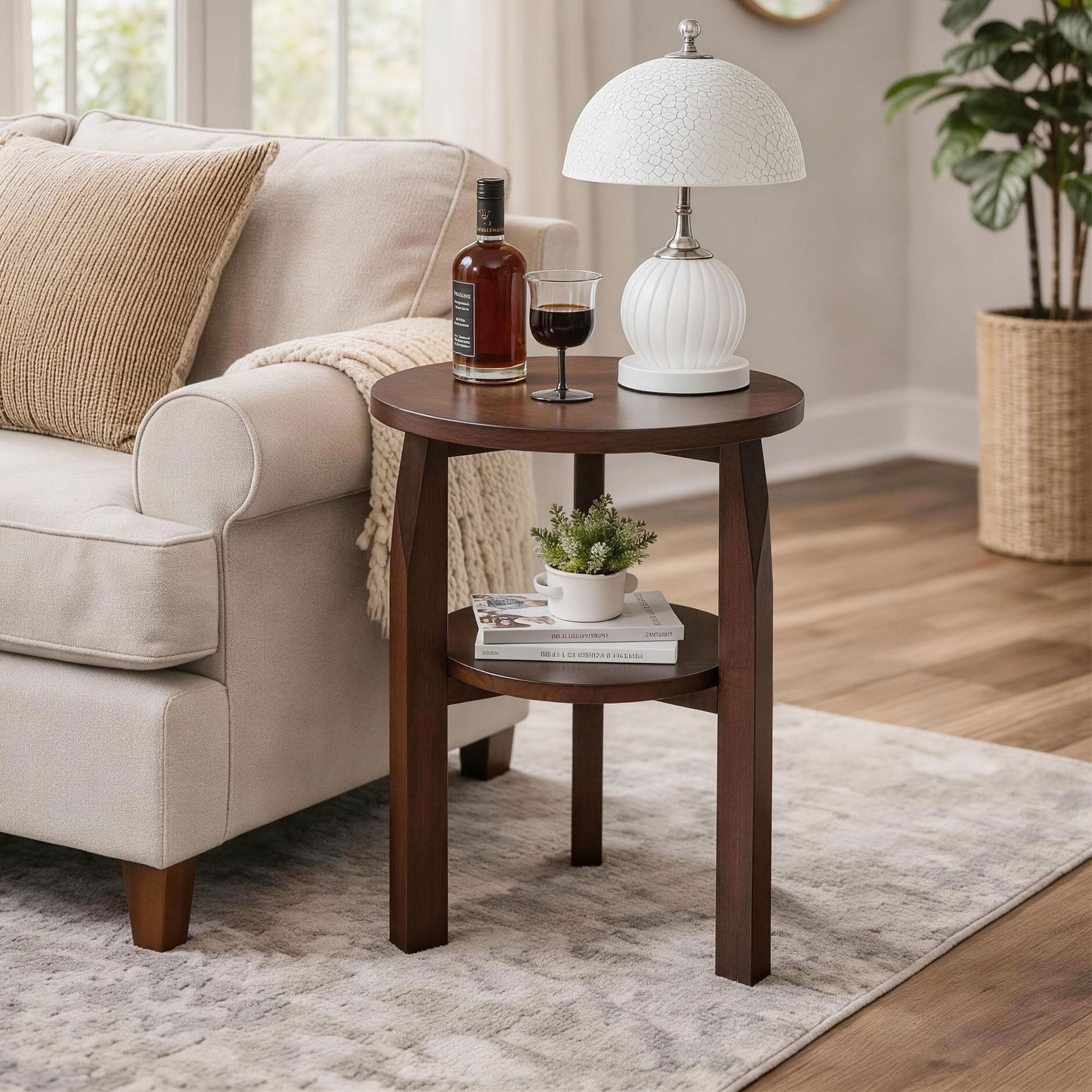MAYEERTY Solid Rubberwood Round End Table with Storage Shelf, 2-Tier Wood Side Table, for Living Room Bedroom Small Apartments