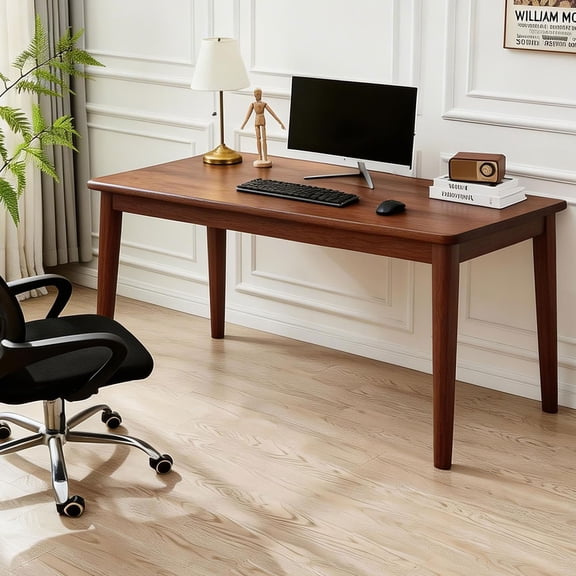 MAYEERTY Solid Rubberwood Writing Desk, Mid-Century Modern Computer Desk with Walnut Finish, for Small Spaces Bedroom Home Office Dorm Room