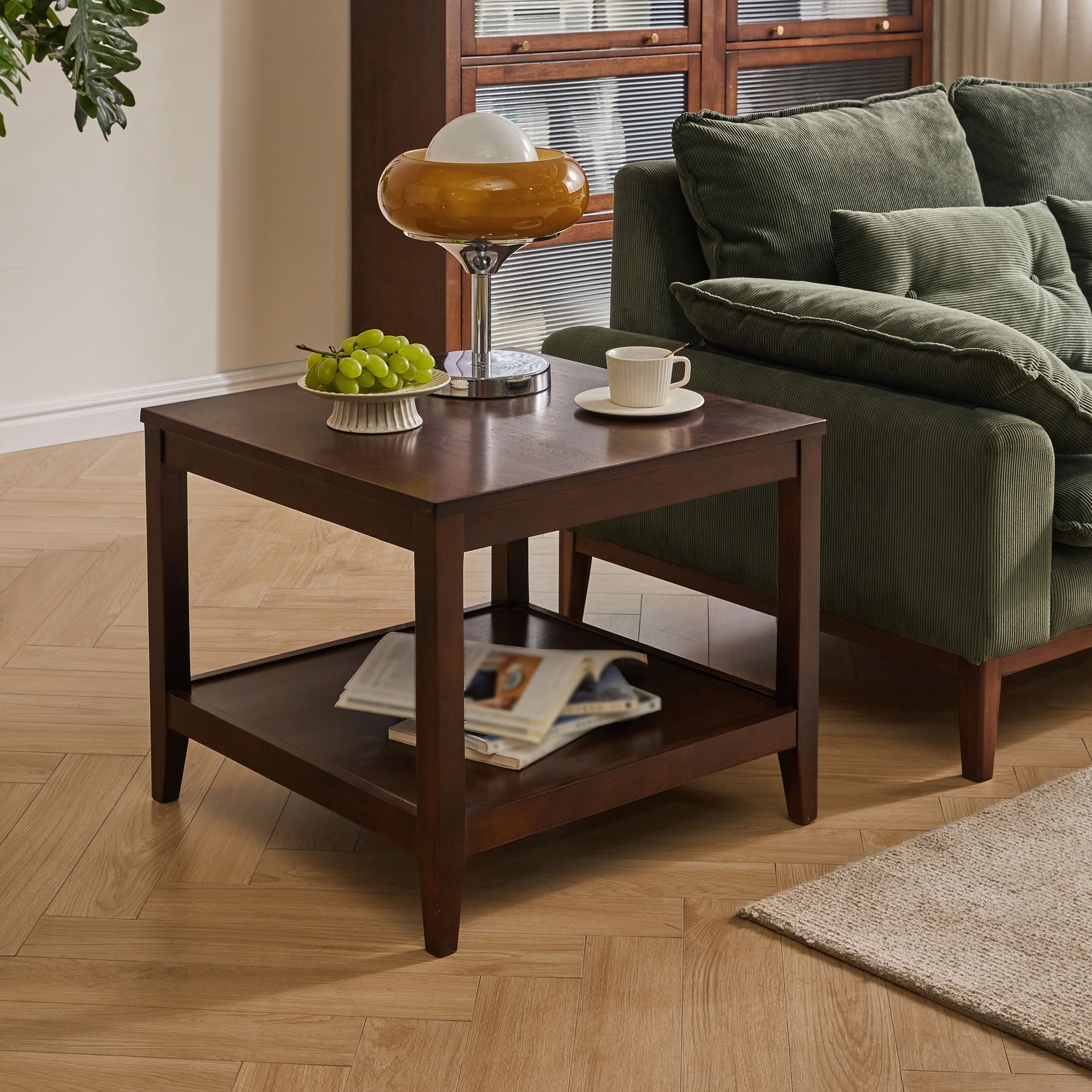 MAYEERTY Solid Square End Table with 2-Tier Storage Shelf, Classic Wooden Side Table for Living Room Bedroom Office Small Spaces