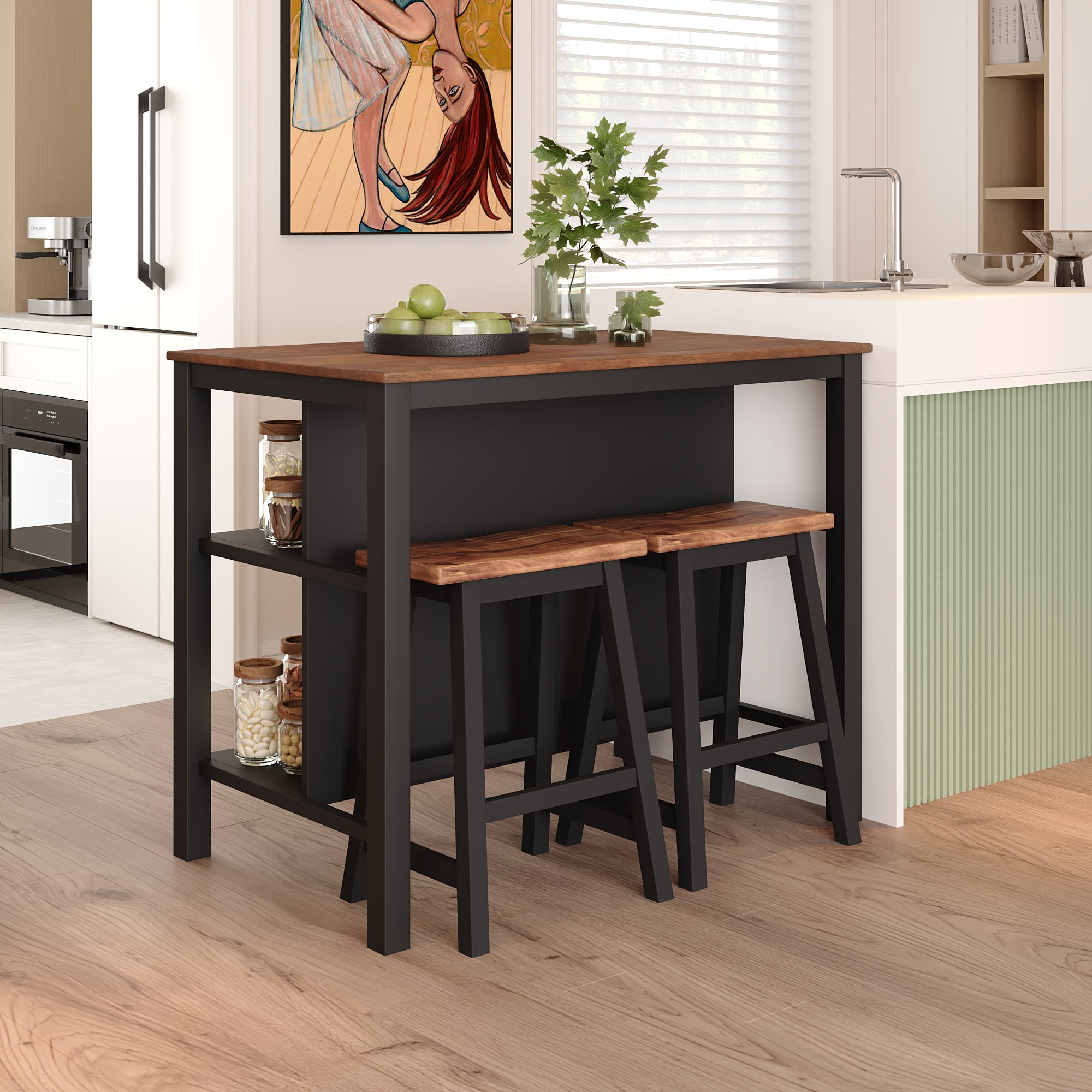 MAYEERTY Solid Wood 3-Piece Kitchen Island Set with 2 Stools & Storage ...
