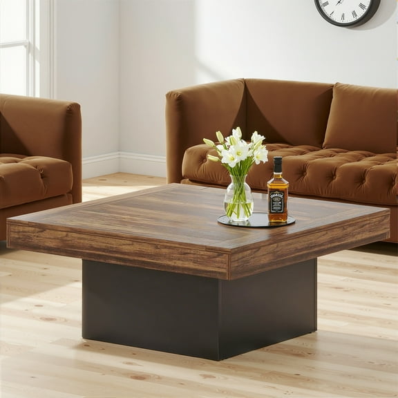 MAYEERTY Square Coffee Table, Farmhouse Wood Cocktail Table with LED Light