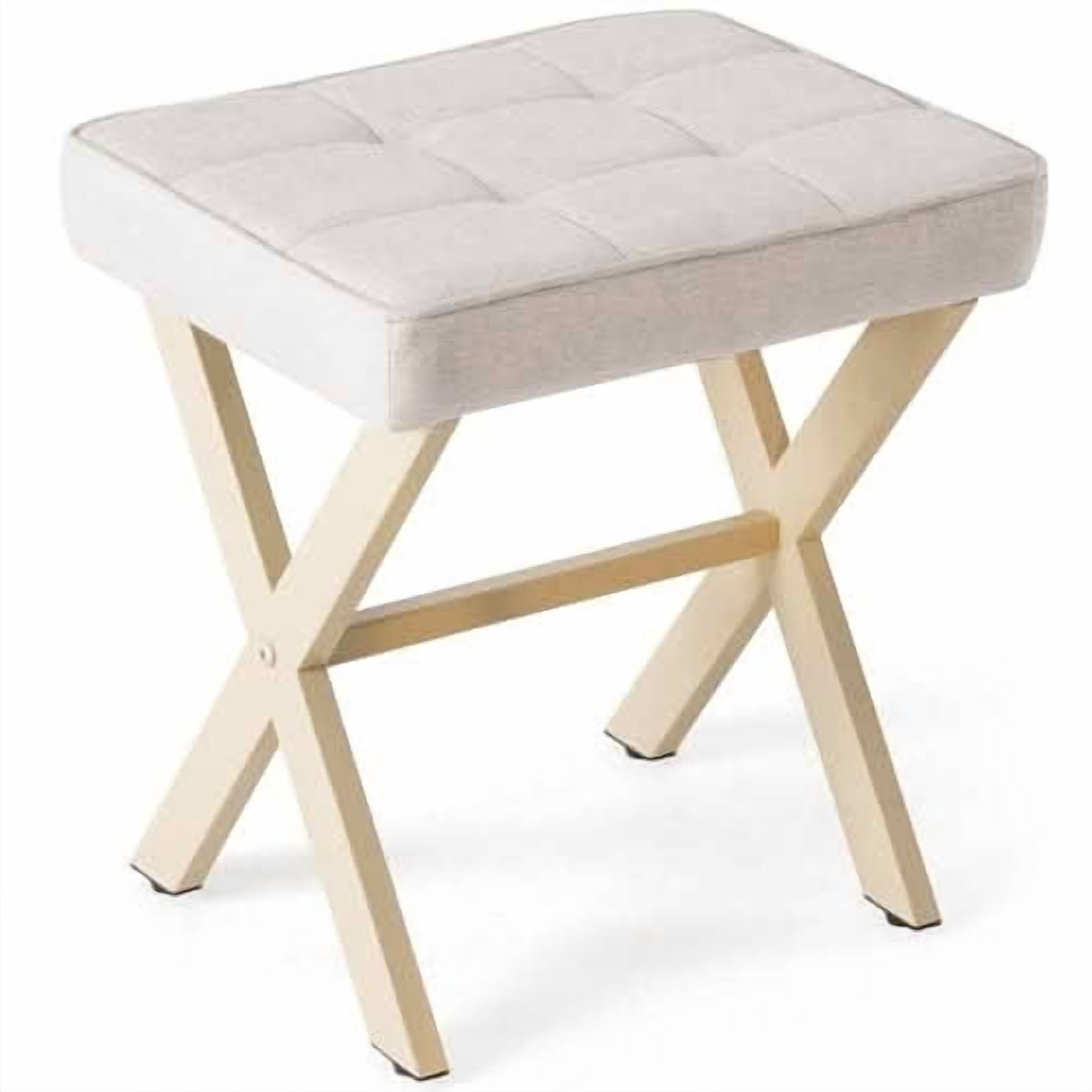 MAYEERTY Square Linen Stool Small Ottoman Chair Metal X Legs Soft Cushion Seat