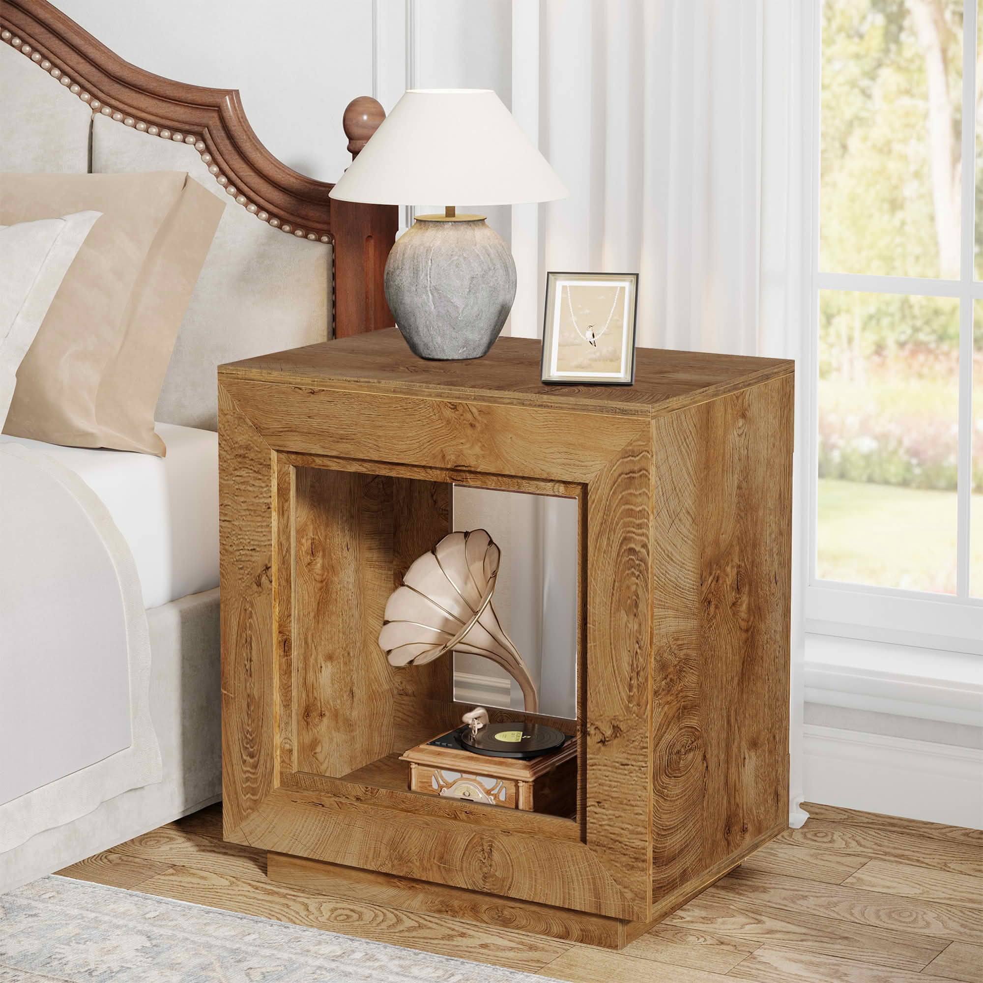 MAYEERTY Square Wood End Table Nightstand, Walnut Rustic Finish Heavy-Duty Solid Wood Side Table with Ample Storage Space