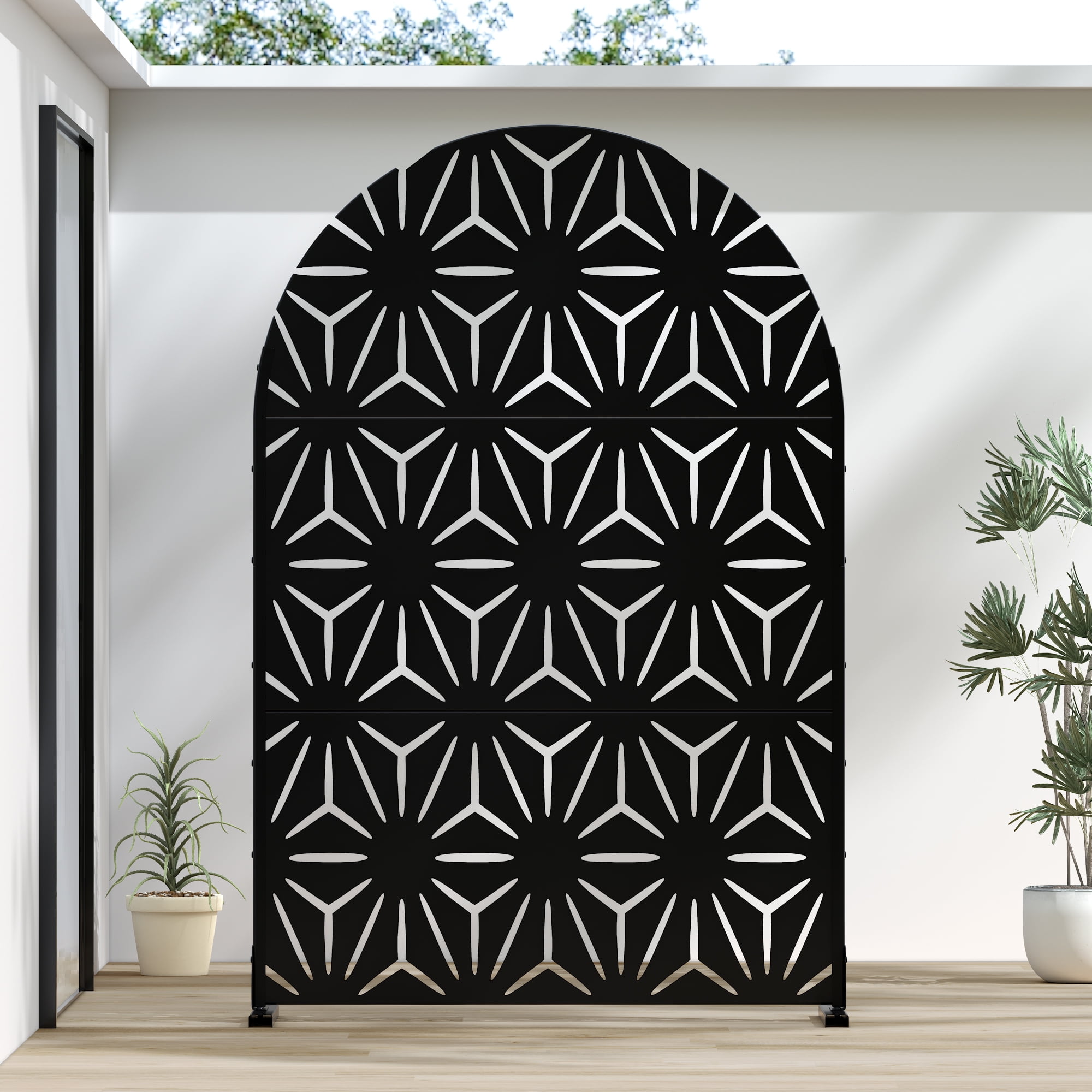 MAYEERTY 72*47" Outdoor Arched Metal Freestanding Privacy Panel Screen, Geometric Star Pattern, Black