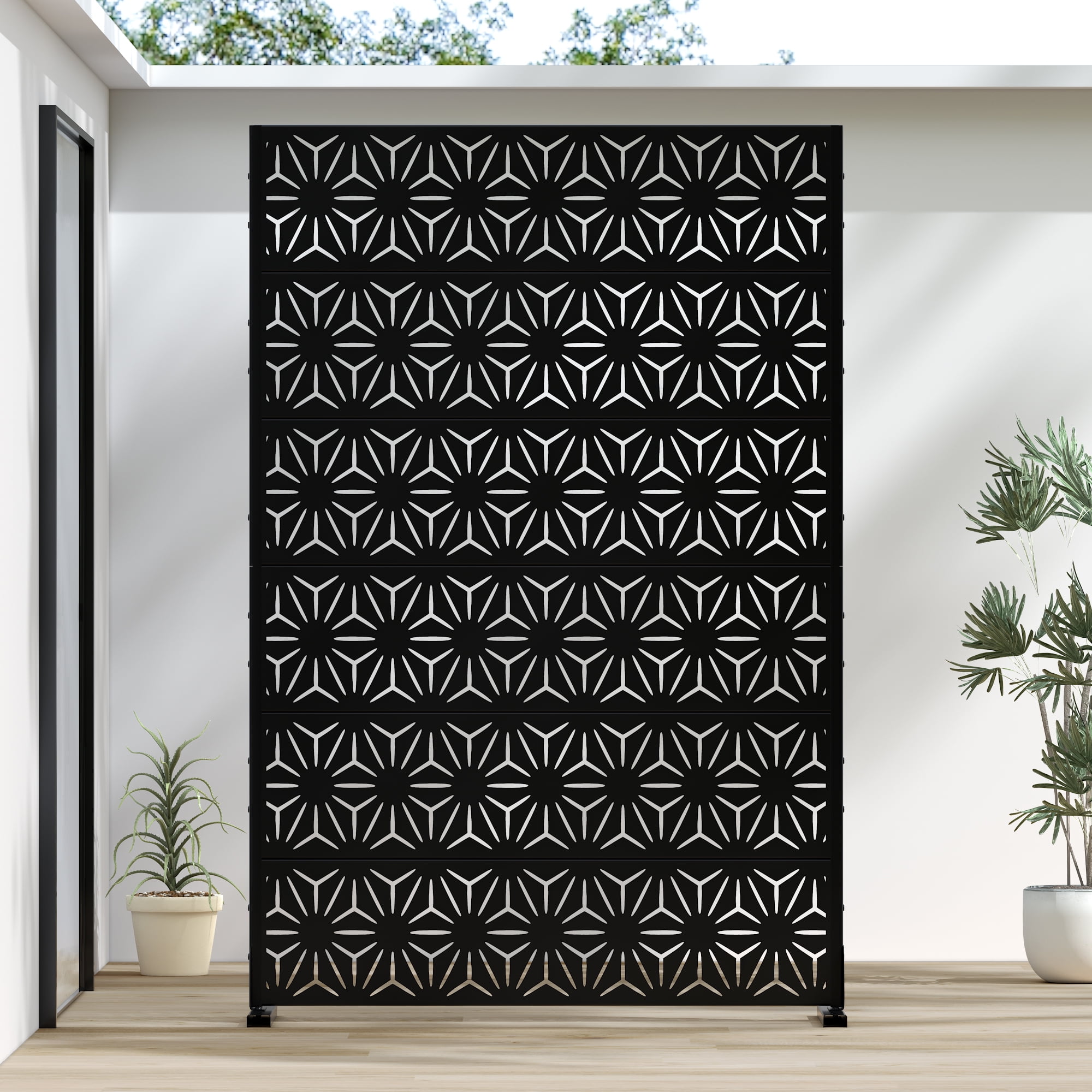 MAYEERTY 72*47" Outdoor Black Metal Freestanding Privacy Panel Screen, Geometric Star Pattern