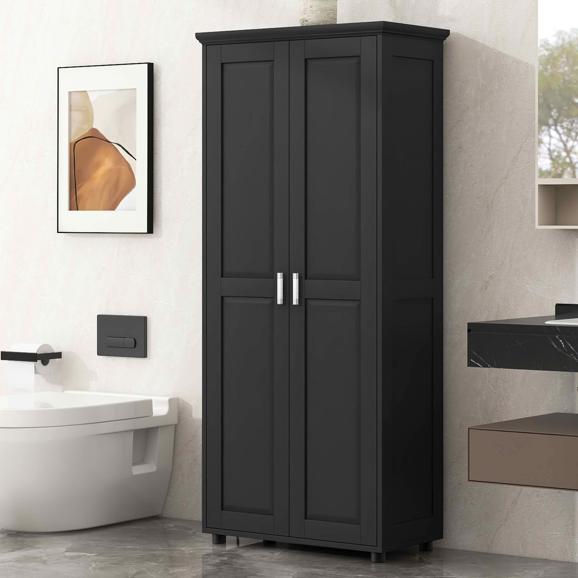 MAYEERTY Storage Cabinet with 2 Doors, Adjustable Shelf MDF Board, Bathroom Office, Black