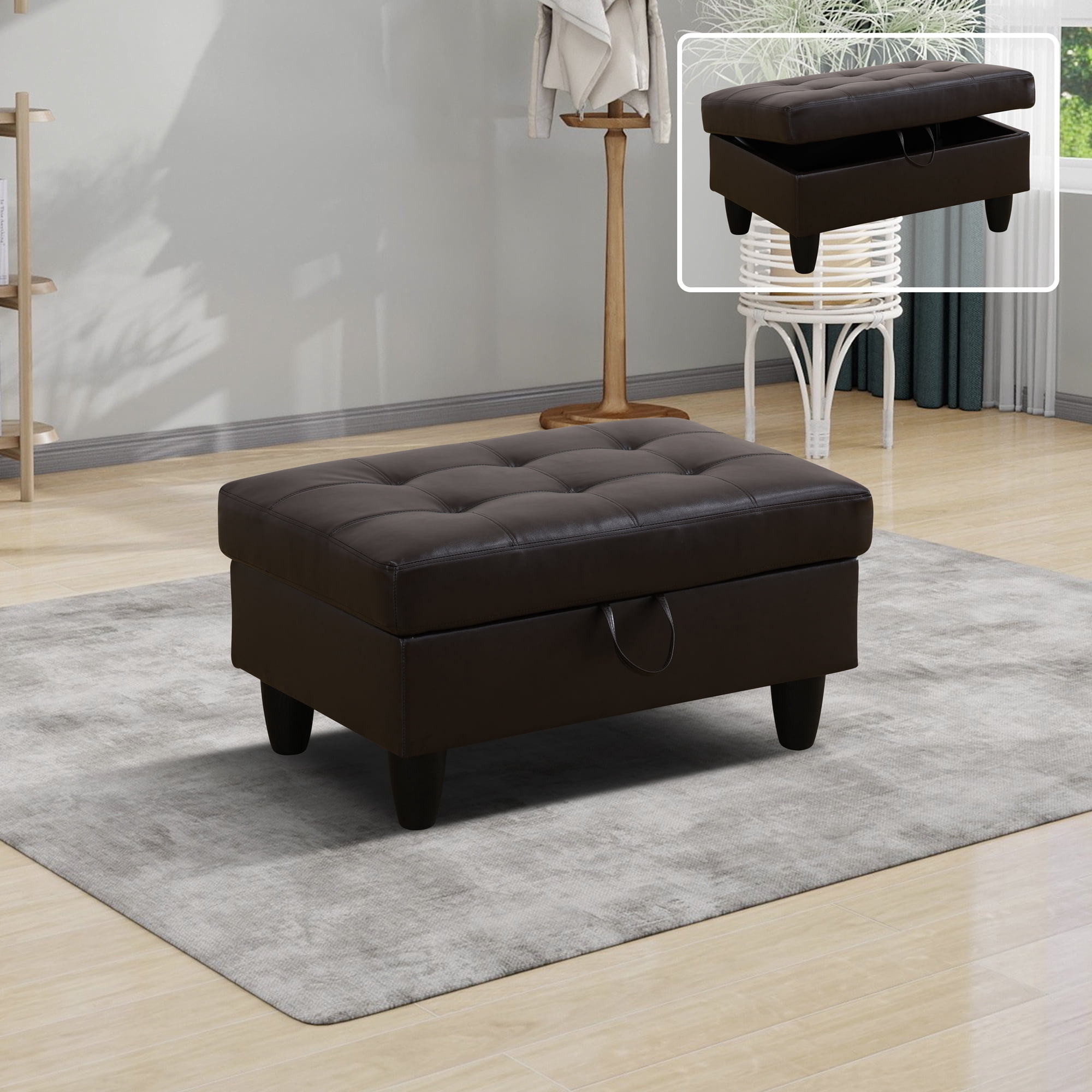 MAYEERTY Storage Ottoman, Breathable Leather Upholstered Footrest with Solid Wood Frame for Living Room Bedroom Entryway