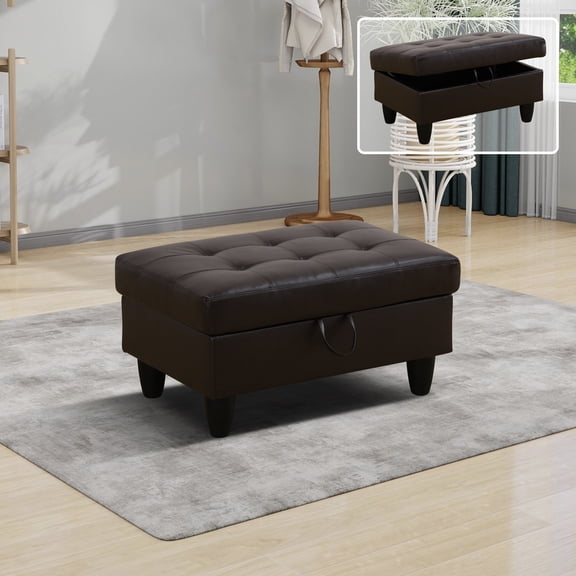 MAYEERTY Storage Ottoman, Breathable Leather Upholstered Footrest with Solid Wood Frame for Living Room Bedroom Entryway
