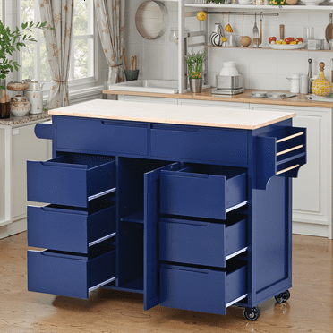 MAYEERTY Store Kitchen Island Cart with Rubber Wood Countertop for Kitchen Dinning Room, Dark Blue