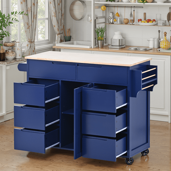 MAYEERTY Store Kitchen Island Cart - Rubber Wood Countertop for Kitchen/Dining Room, Dark Blue