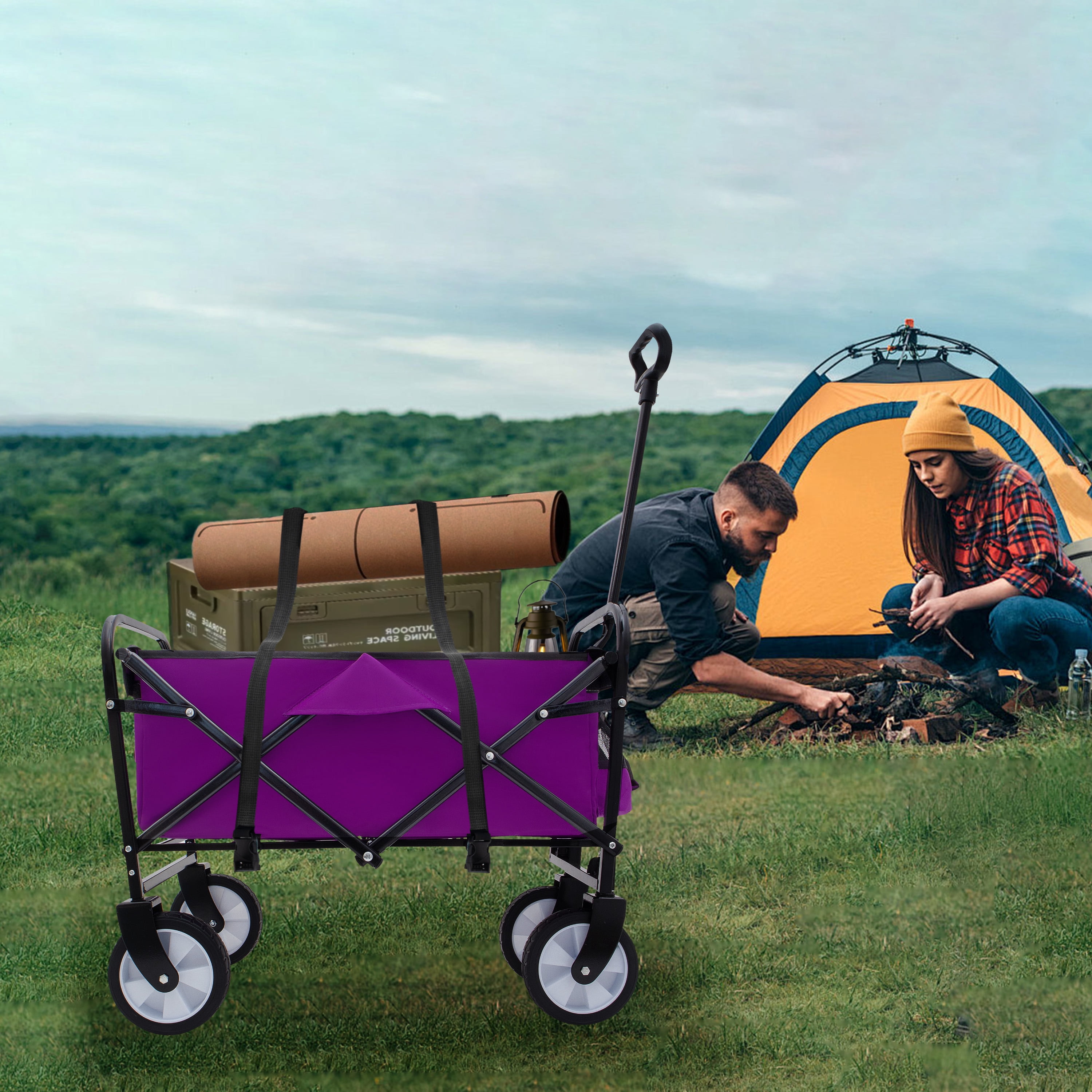 MAYEERTY Strap Collapsible Wagon Cart, 225LBS Heavy Duty, 360° Swivel Wheels & Strapping System, Purple for Camping Shopping Garden