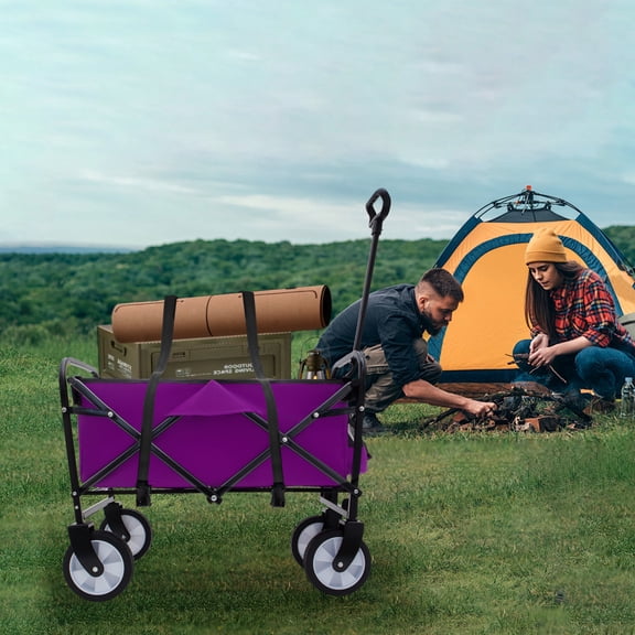 MAYEERTY Strap Collapsible Wagon Cart, 225LBS Heavy Duty, 360° Swivel Wheels & Strapping System, Purple for Camping Shopping Garden