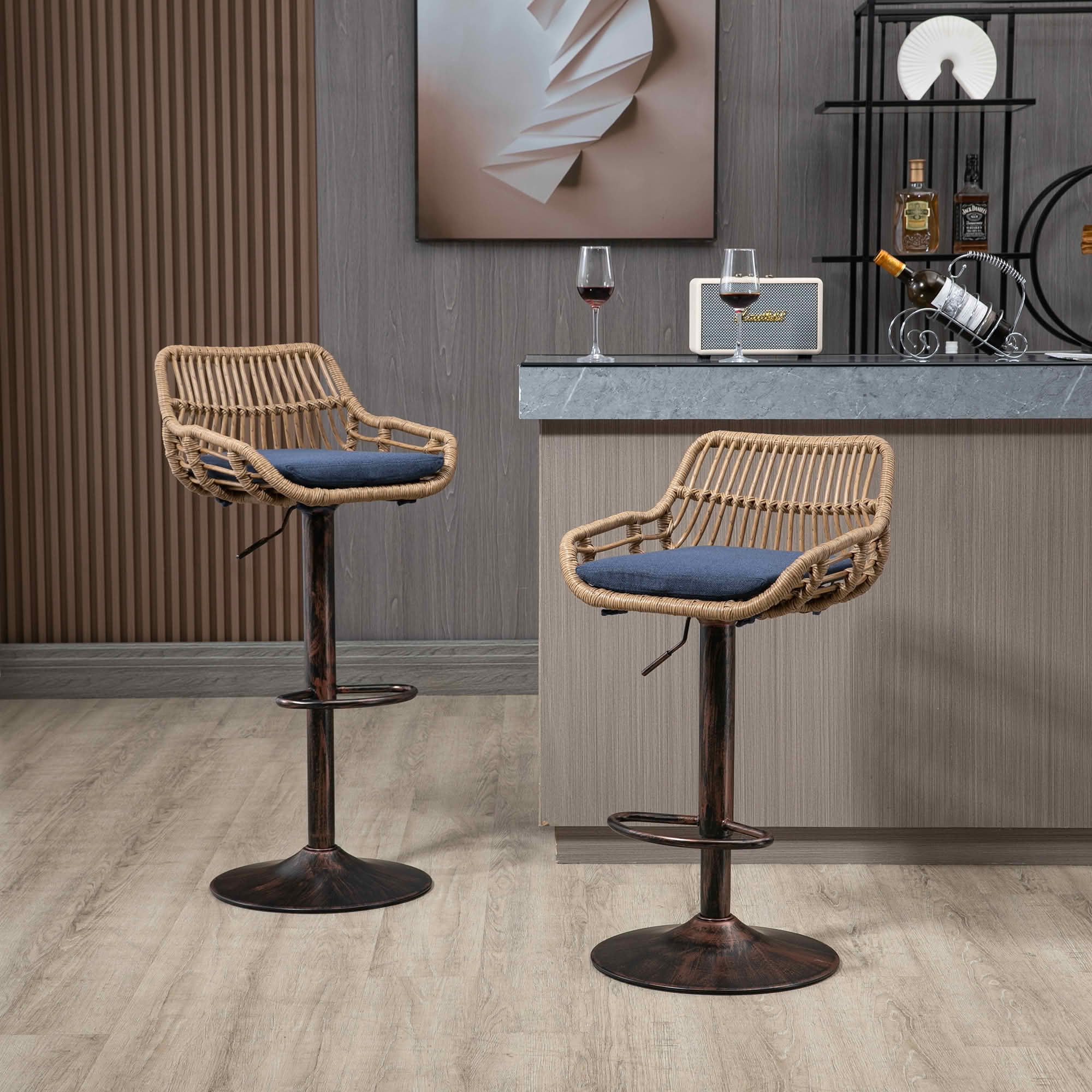 MAYEERTY Swivel Bar Stools Set of 2, Adjustable Height Chairs with Footrest, Linen and PE Rattan Back, Blue