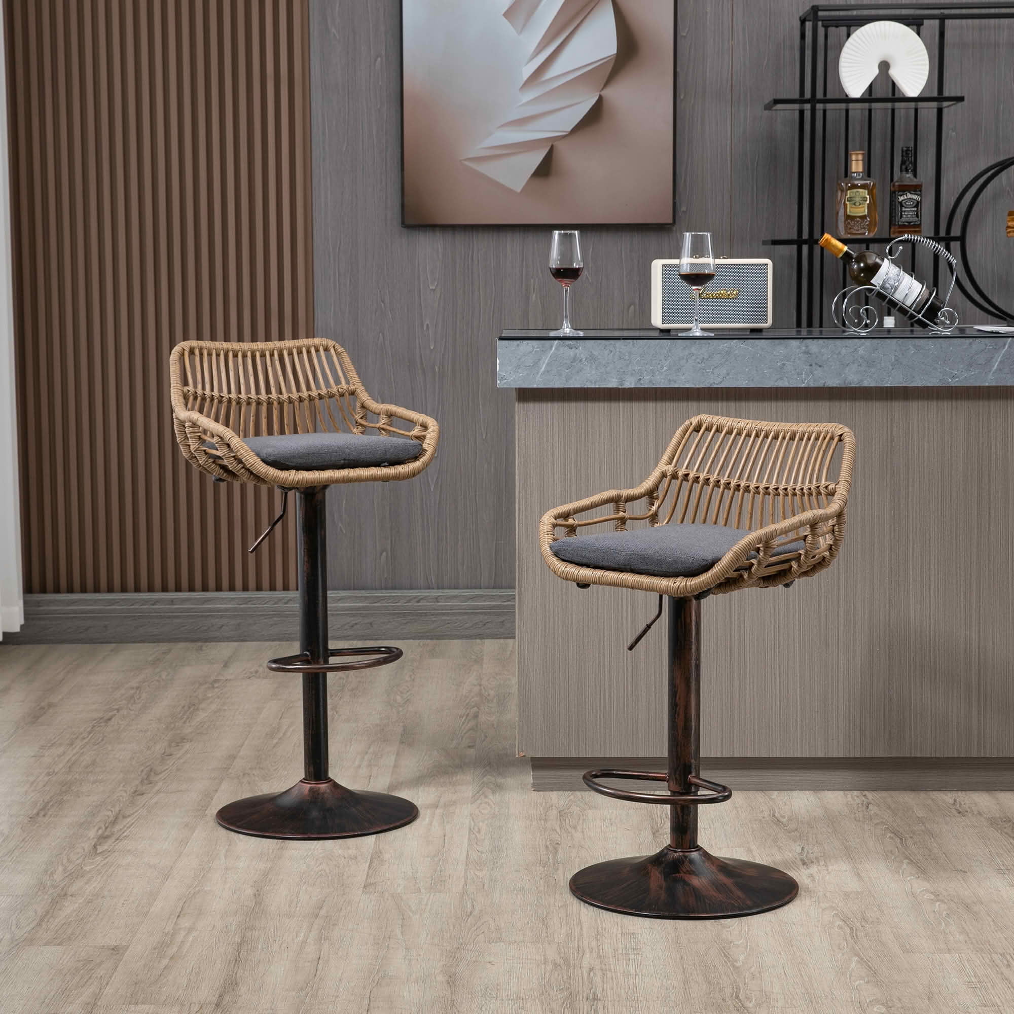 MAYEERTY Swivel Bar Stools Set of 2, Adjustable Height Chairs with Footrest, Linen and PE Rattan Back, Gray