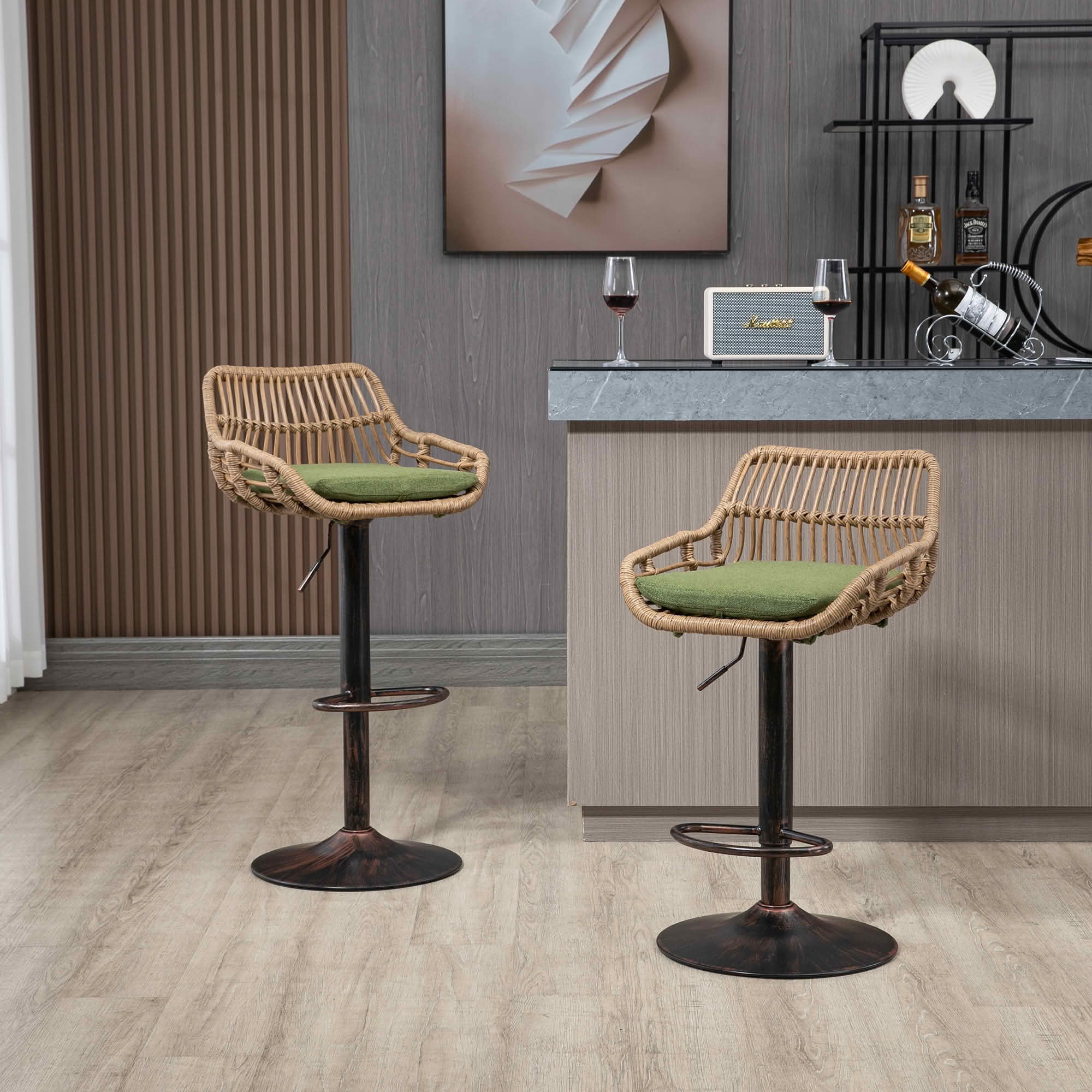 MAYEERTY Swivel Bar Stools Set of 2, Adjustable Height Chairs with Footrest, Linen and PE Rattan Back, Green