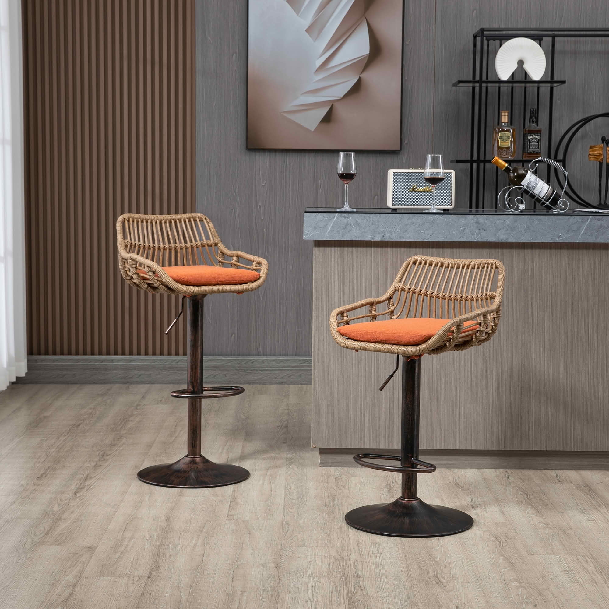 MAYEERTY Swivel Bar Stools Set of 2, Adjustable Height Chairs with Footrest, Linen and PE Rattan Back, Orange