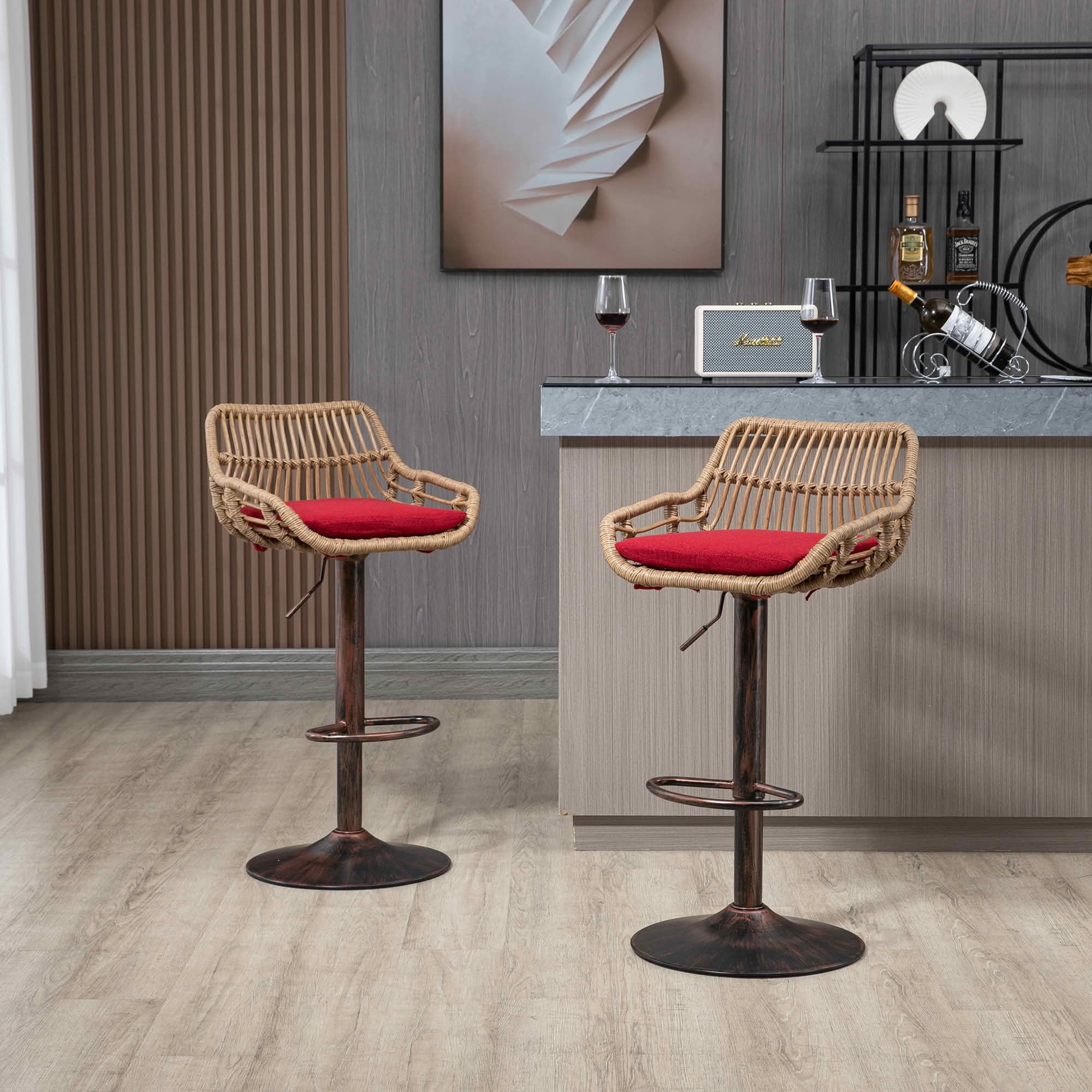 MAYEERTY Swivel Bar Stools Set of 2, Adjustable Height Chairs with Footrest, Linen and PE Rattan Back, Red