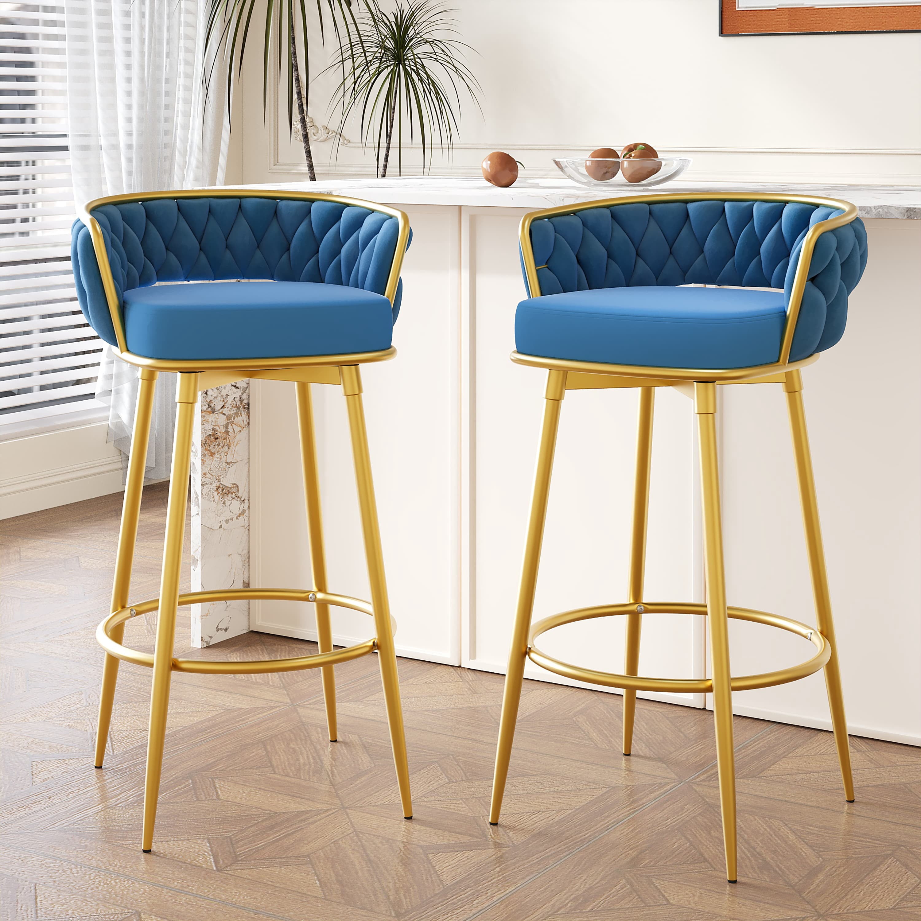 MAYEERTY Swivel Counter Height Bar Stools Set of 2 31 Bar Height Hand-Woven Blue Kitchen Island