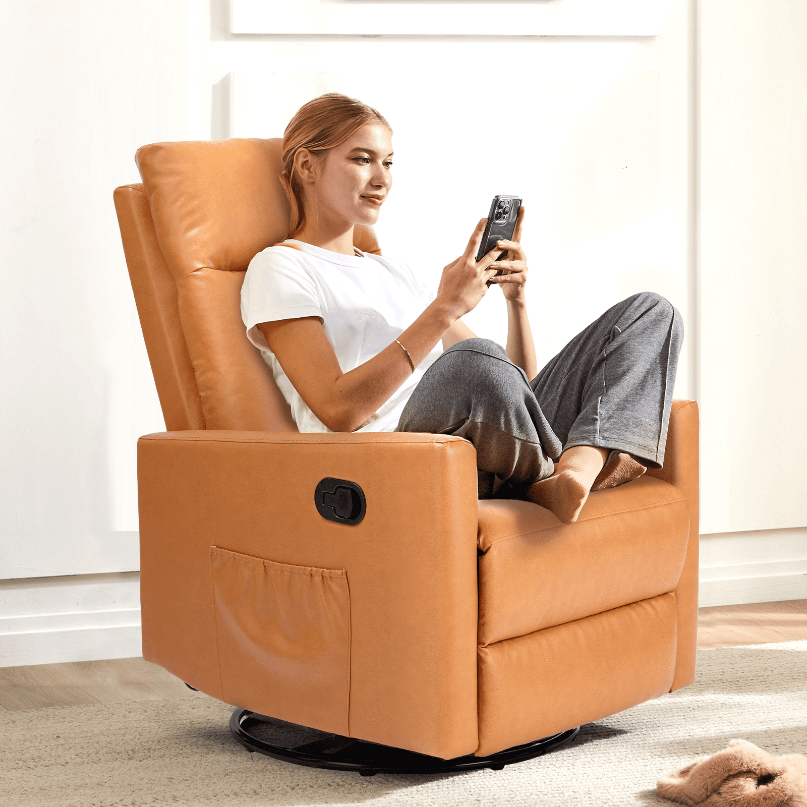 MAYEERTY 360° Swivel Rocking Recliner Chair, 95-160° Adjustable Backrest Linen Nursery Glider with Metal Base, 250lbs Capacity Easy Assembly