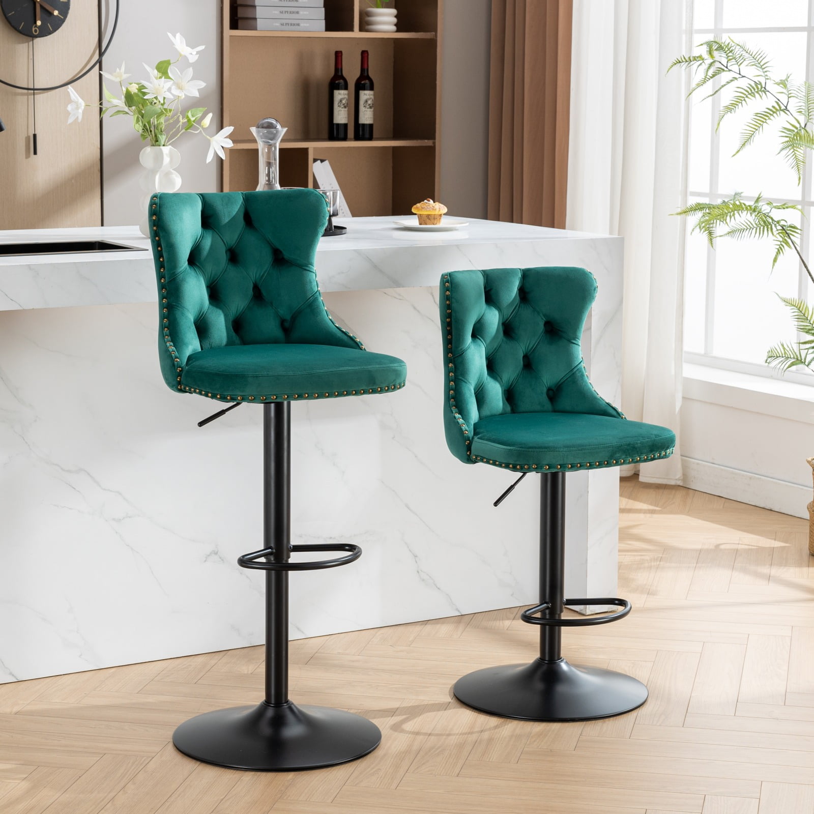 MAYEERTY Swivel Velvet Barstools - Adjustable Seat Height 25-33 Inch, 17.7 Inch Base, Tufted Backs, Green, Set of 2