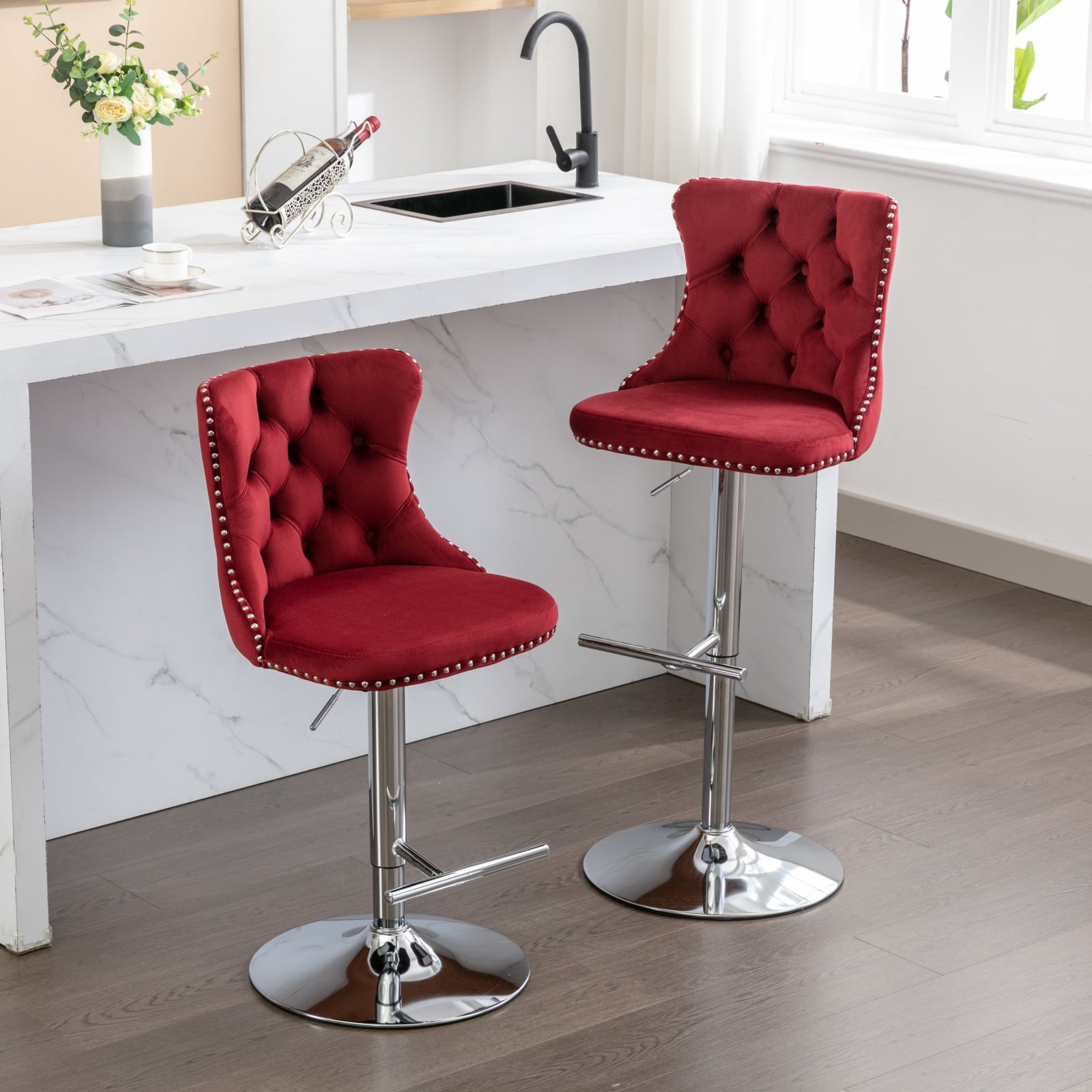MAYEERTY Swivel Velvet Barstools - Adjustable Seat Height 25-33 Inch, Chrome Base, Tufted Backs, Wine Red/Burgundy, Set of 2