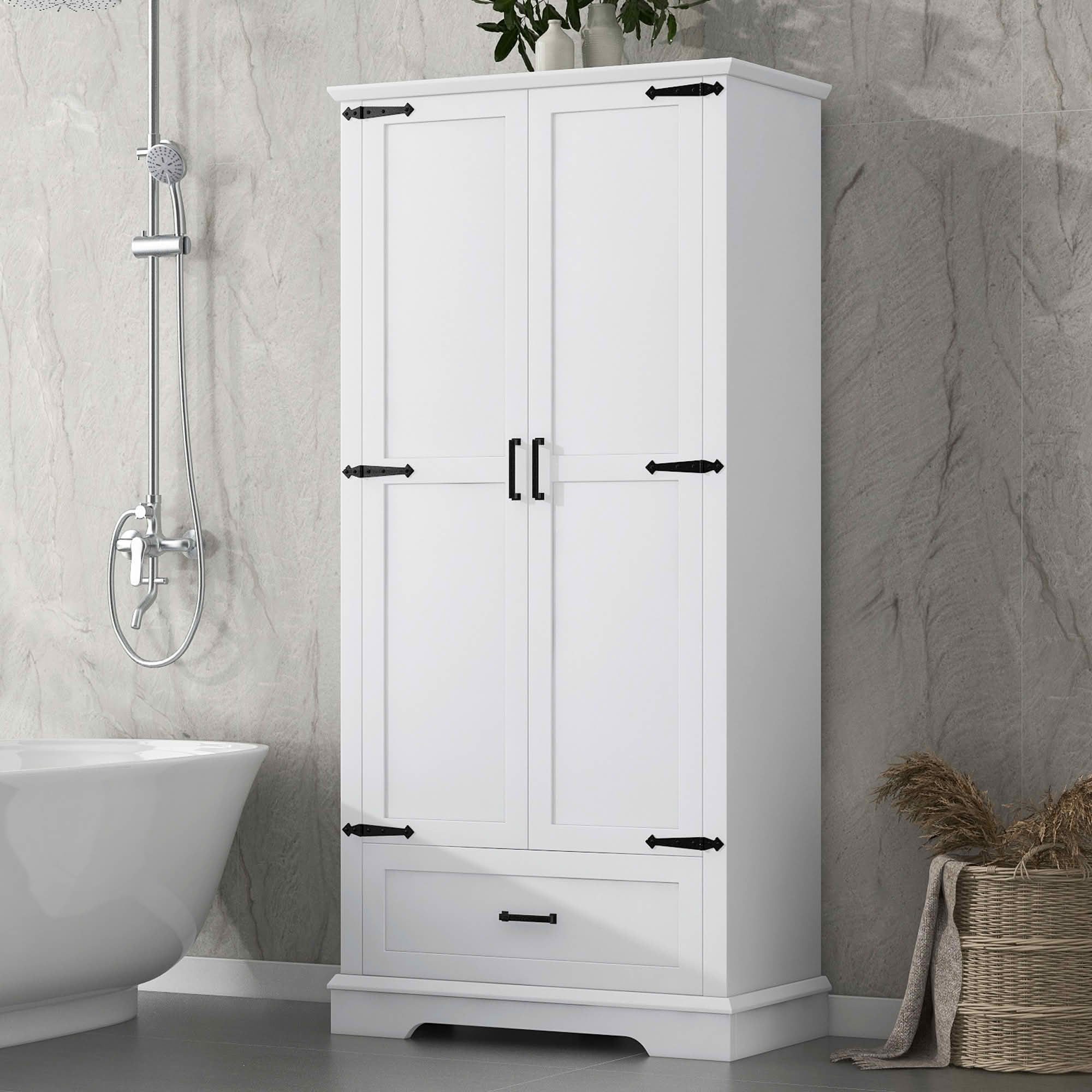 MAYEERTY Tall Bathroom Cabinet 2 Doors 1 Drawer Adjustable Shelf MDF White