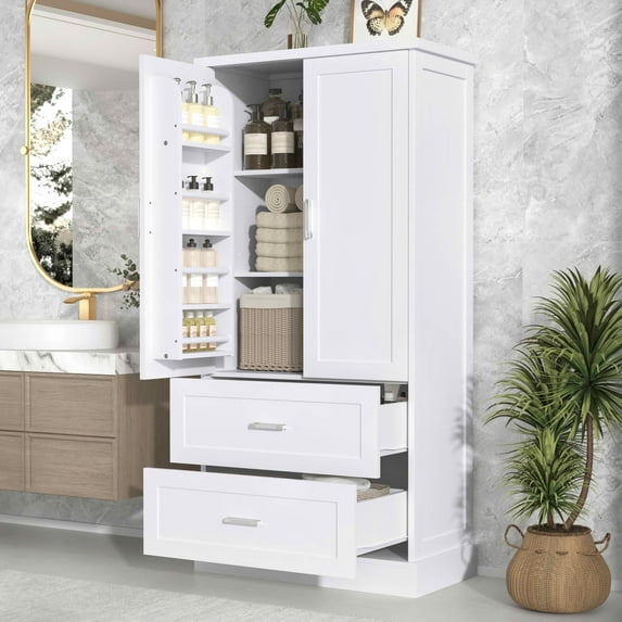 MAYEERTY Tall Bathroom Cabinet 2 Doors Drawers Adjustable Shelf MDF ...
