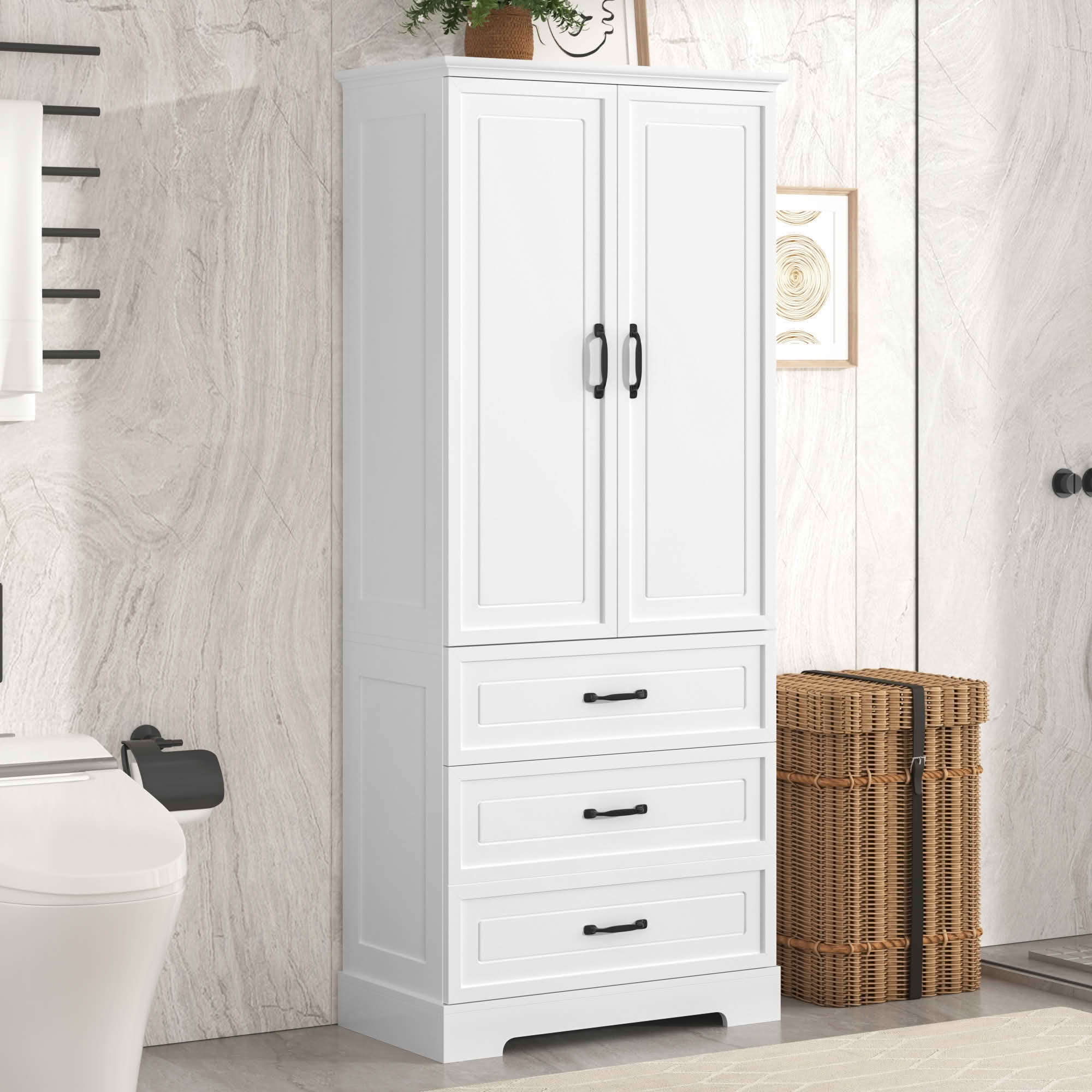 MAYEERTY Tall Bathroom Cabinet 2 Doors Drawers Adjustable Shelf MDF ...